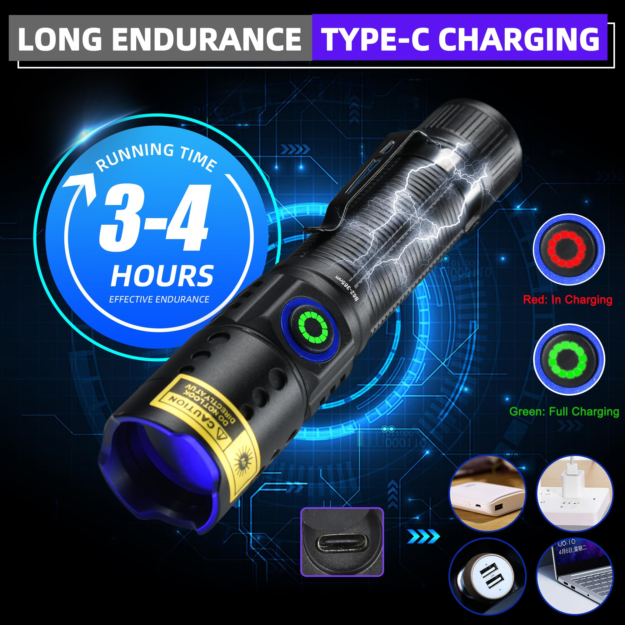 DARKBEAM UV Luz Negra Linterna 395nm - Recargable USB Woods Lámpara, Potente Mini Ultravioleta LED Blacklight Linternas - Curado de Resina, Detector de Mascotas/Gato/Perro Orina, Manchas