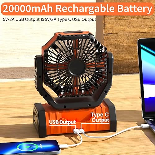 Miniatura 5 de Ventilador eléctrico portátil al aire libre con luz LED 20000mAh funciona con pilas camping con gancho. Ventilador de escritorio de carga USB para