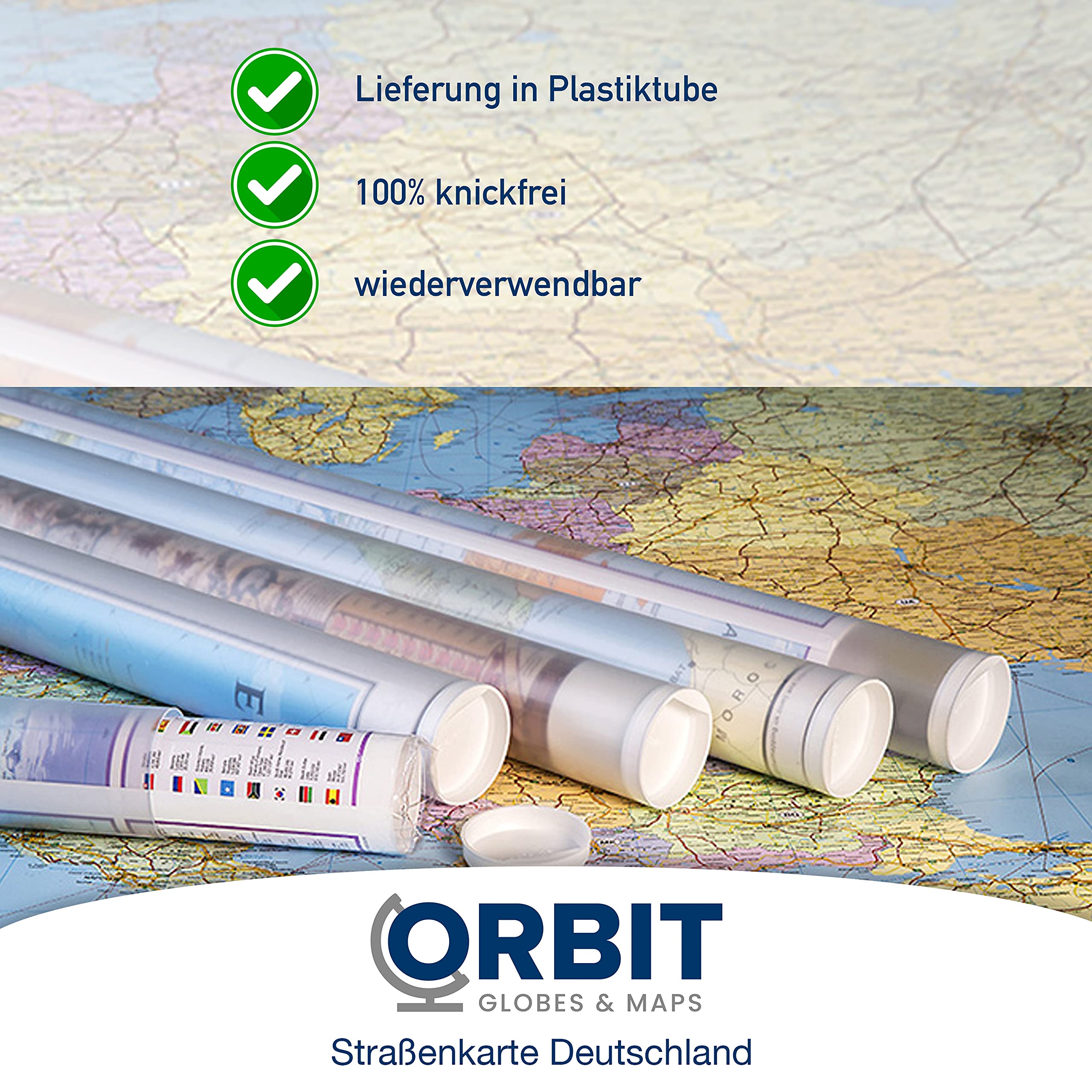 ORBIT Globes & Maps - Straßenkarte Deutschland, Deutschlandkarte als Poster, Karte von Deutschland ca. 98x138cm: mit Leisten, Maßstab 1:700 000