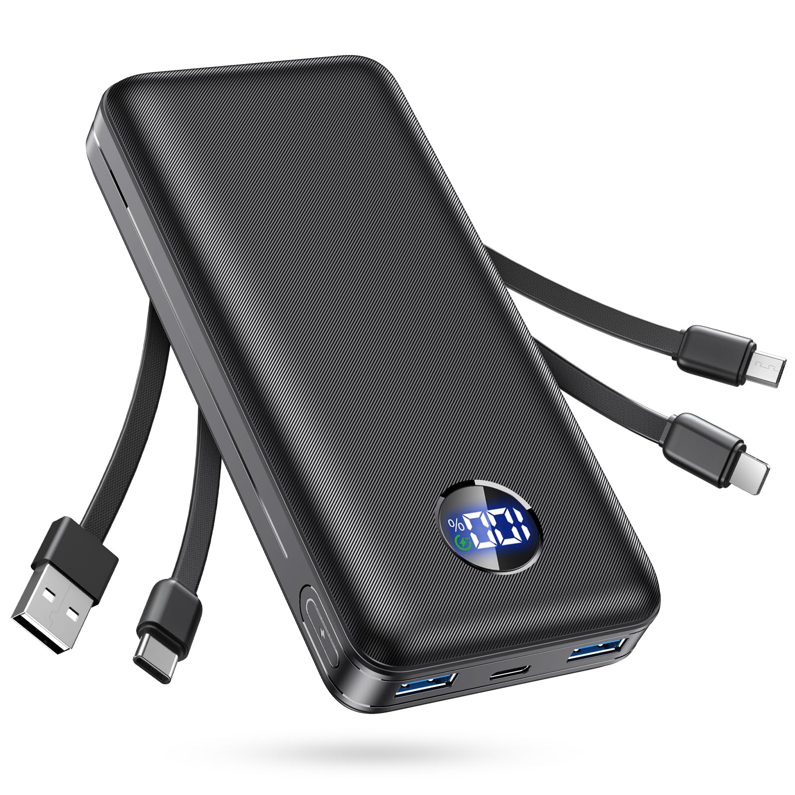 Powerbank - Batería externa de 26800 mAh con 3 puertos y 4 cables integrados, color negro