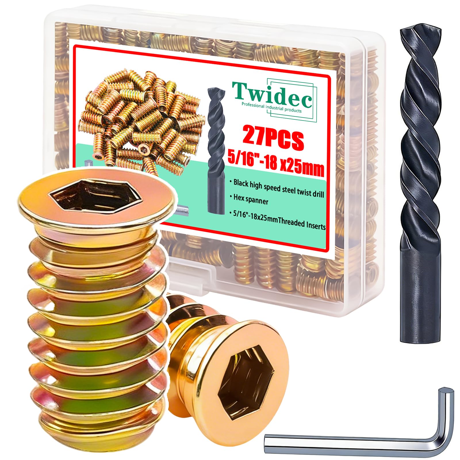 Twidec/27PCS 5/16"-18 Threaded Inserts for Wood Furniture Screw-in Nut Wood Inserts Bolt Assortment Kit with M8 Hex Wrench (5/16"-18 x25mm)