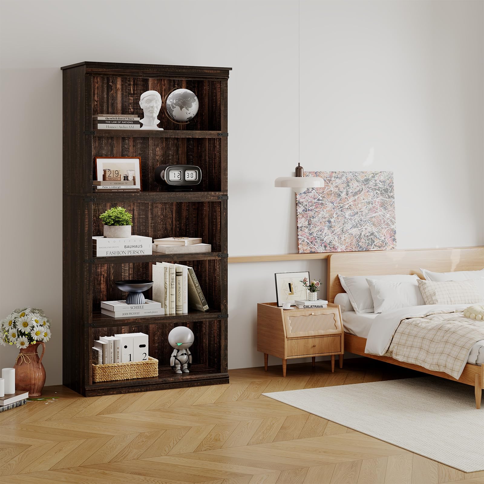 Zstar Librería de 5 Niveles Estanterías de Madera,Granja Moderno con Almacenamiento para Despacho, salón Dormitorio,80x32x171 cm Roble Oscuro