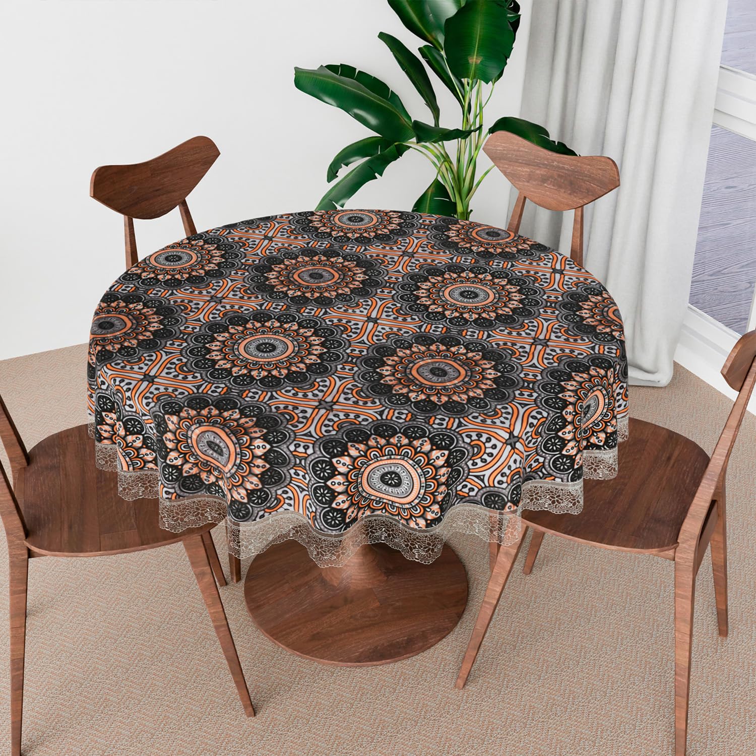 Kuber Industries Round Table Cover | PVC 4 Seater Table Cloth for Round Tables | Rangoli Kitchen Dining Tablecloth | 60 Inch | Black