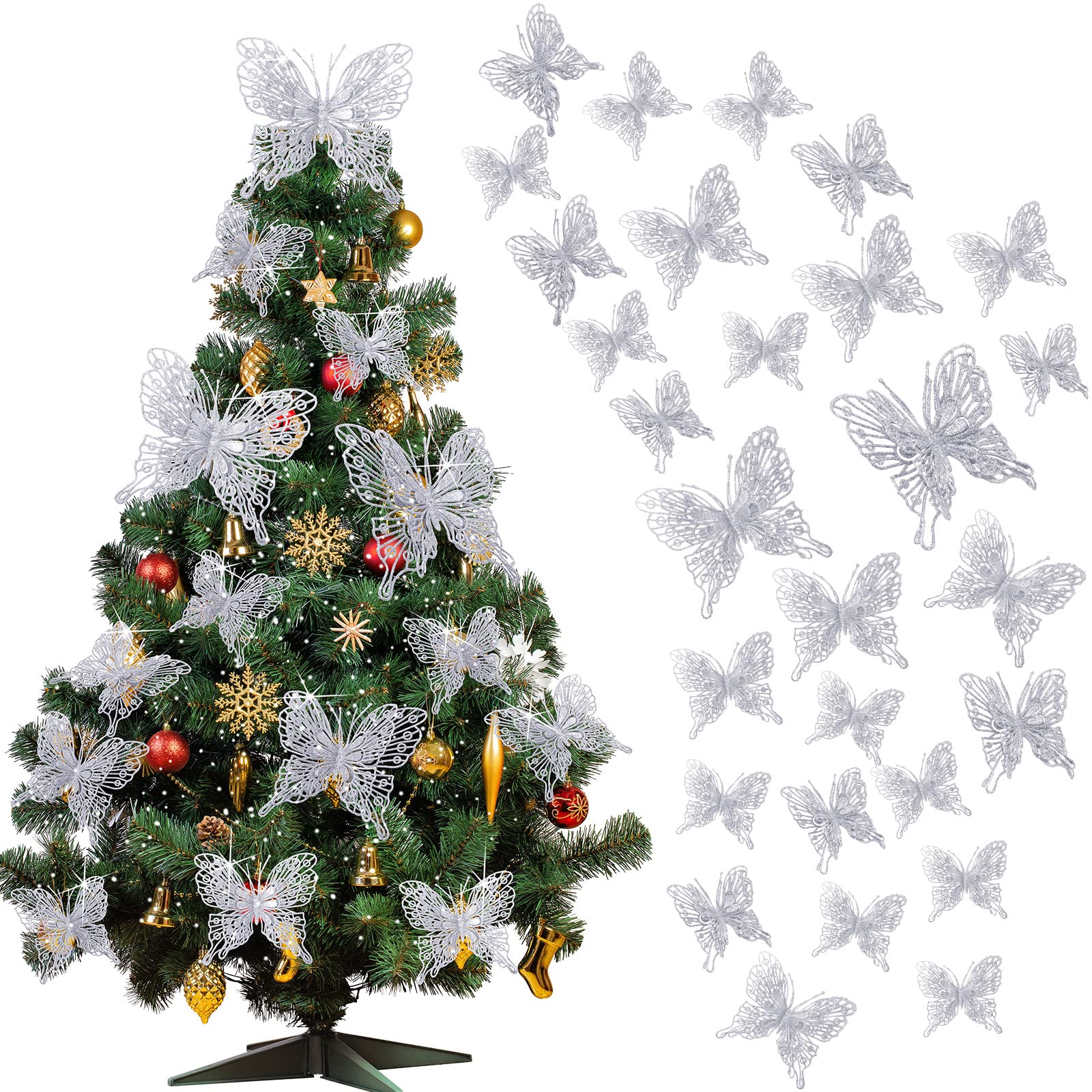 Charniol 36 Pcs 3 Size Christmas Tree Butterfly Decorations Glitter Hollow Butterfly Ornaments Hanging Butterfly Decorations with Clips and Stems for Xmas Holiday Crafts and Christmas Tree (Silver)