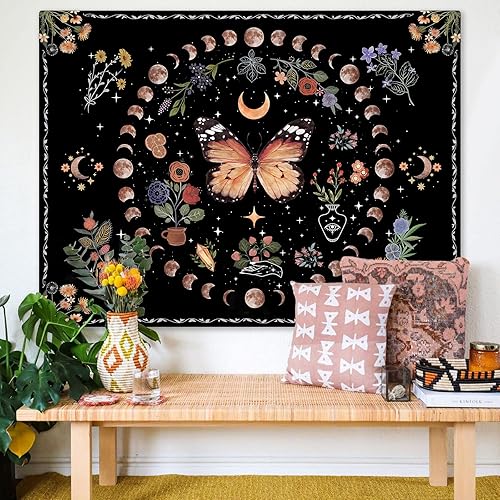Miniatura 3 de Fowocu Tapiz de flores de mariposa naranja, luna, bohemio, floral, para dormitorio, tapiz estético para colgar en la pared, mandala botánico, tapiz