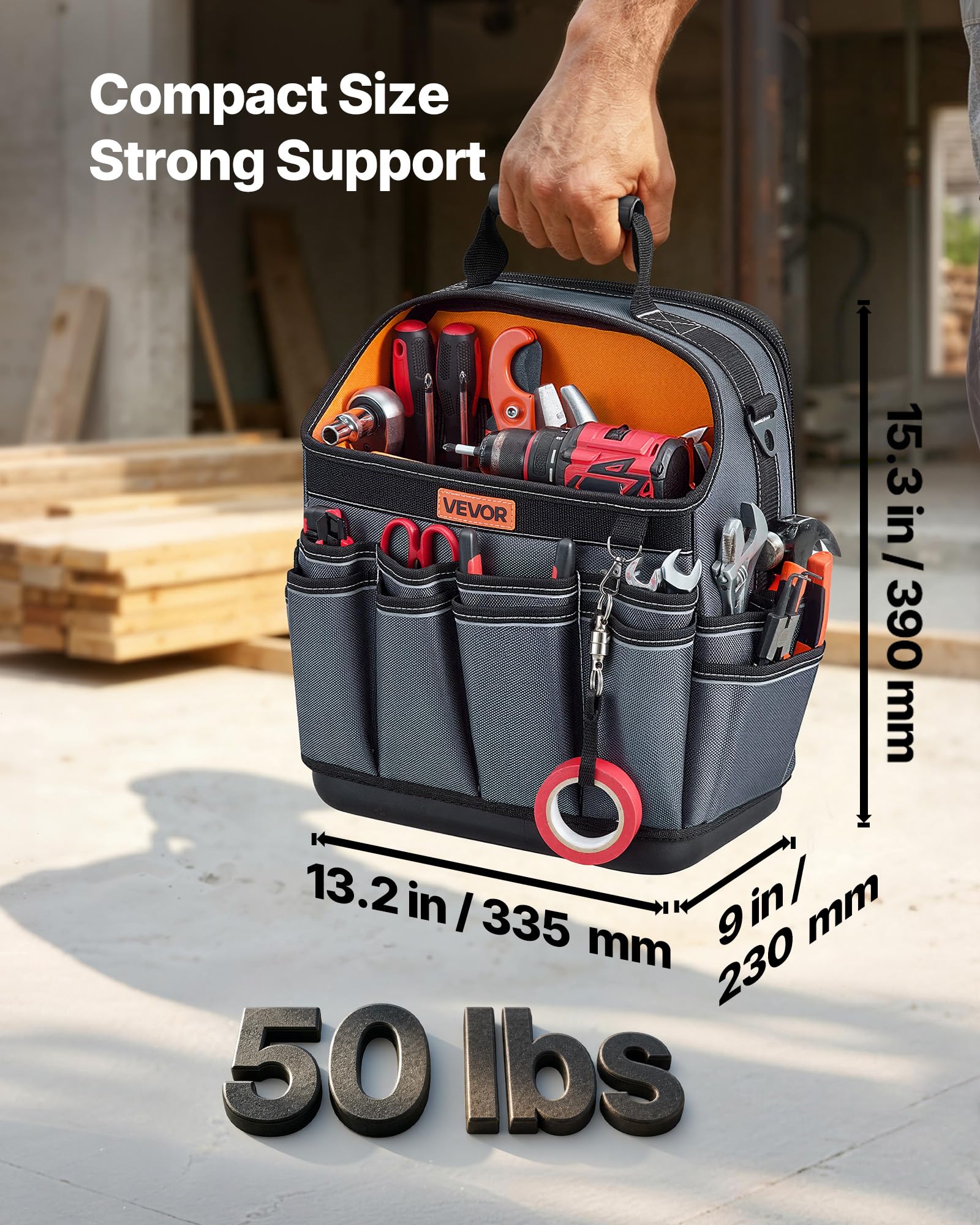VEVOR Borsa Portautensili Aperta 335 mm, 39 Tasche, Organizer Portatile per Attrezzi con Base Rigida in Plastica, Resistente all'Acqua, Tracolla Regolabile, per Professionisti, Fai da Te e Cantiere
