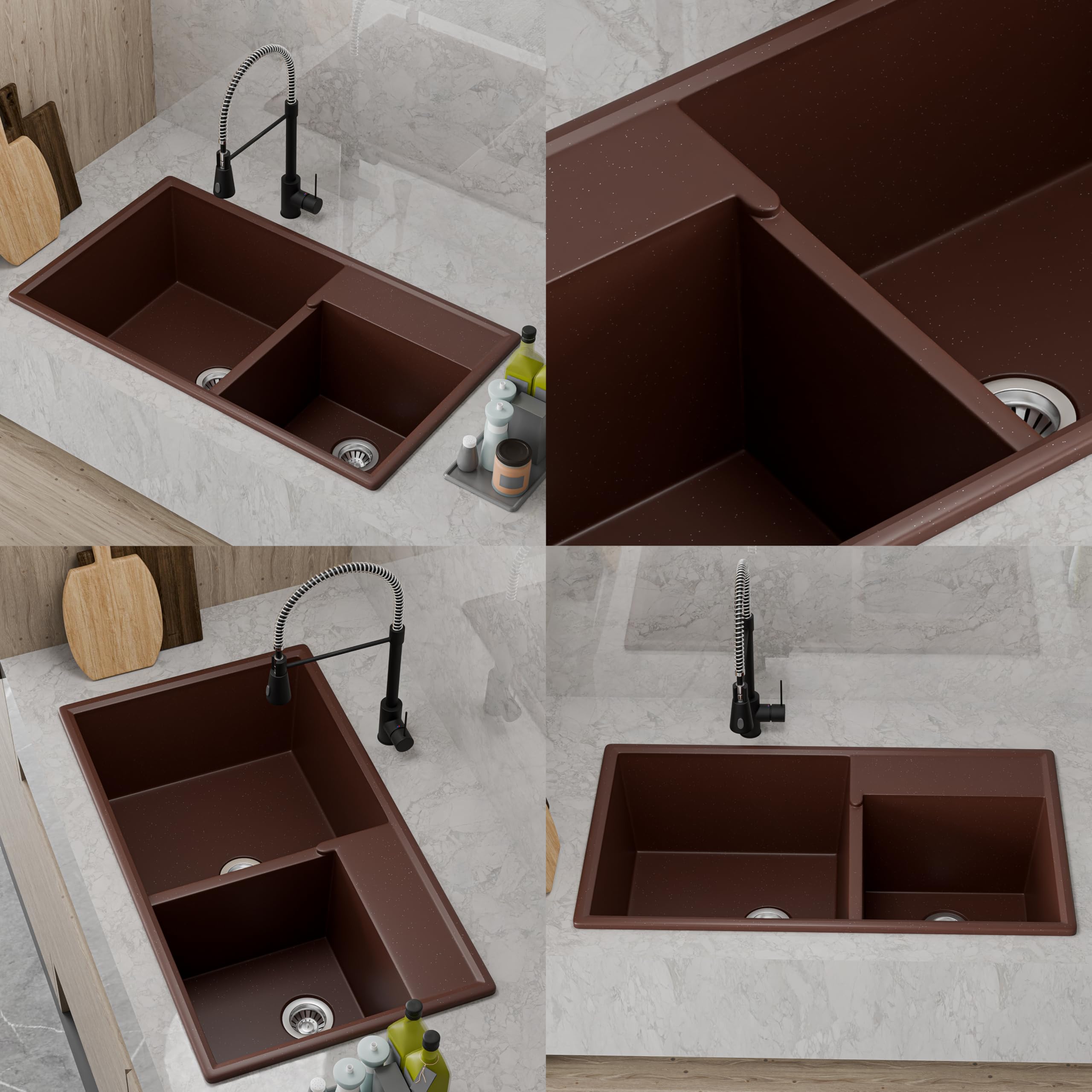 HISRE Quartz Kitchen Sink | 31x18x9 Inches Double Bowl Quartz Sink for Kitchen | UV Protected Sound Dampening Scratch Resistant Noise Reducing Durable and Easy to Clean | Brown, photo 4 of 5