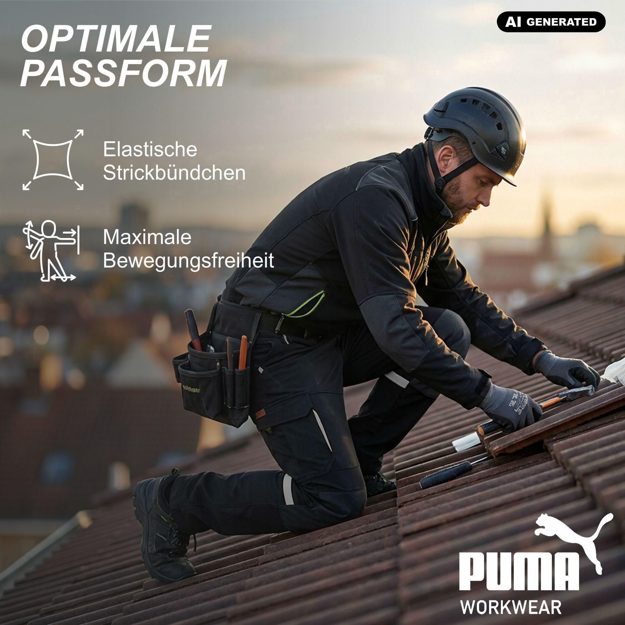 PUMA Workwear męskie spodnie robocze – z 4-kierunkowym stretchem – wytrzymałe spodnie ze wzmocnionym obszarem kolan i gumowym ściągaczem w pasie – podwyższona część pleców – spodnie z przedłużonym