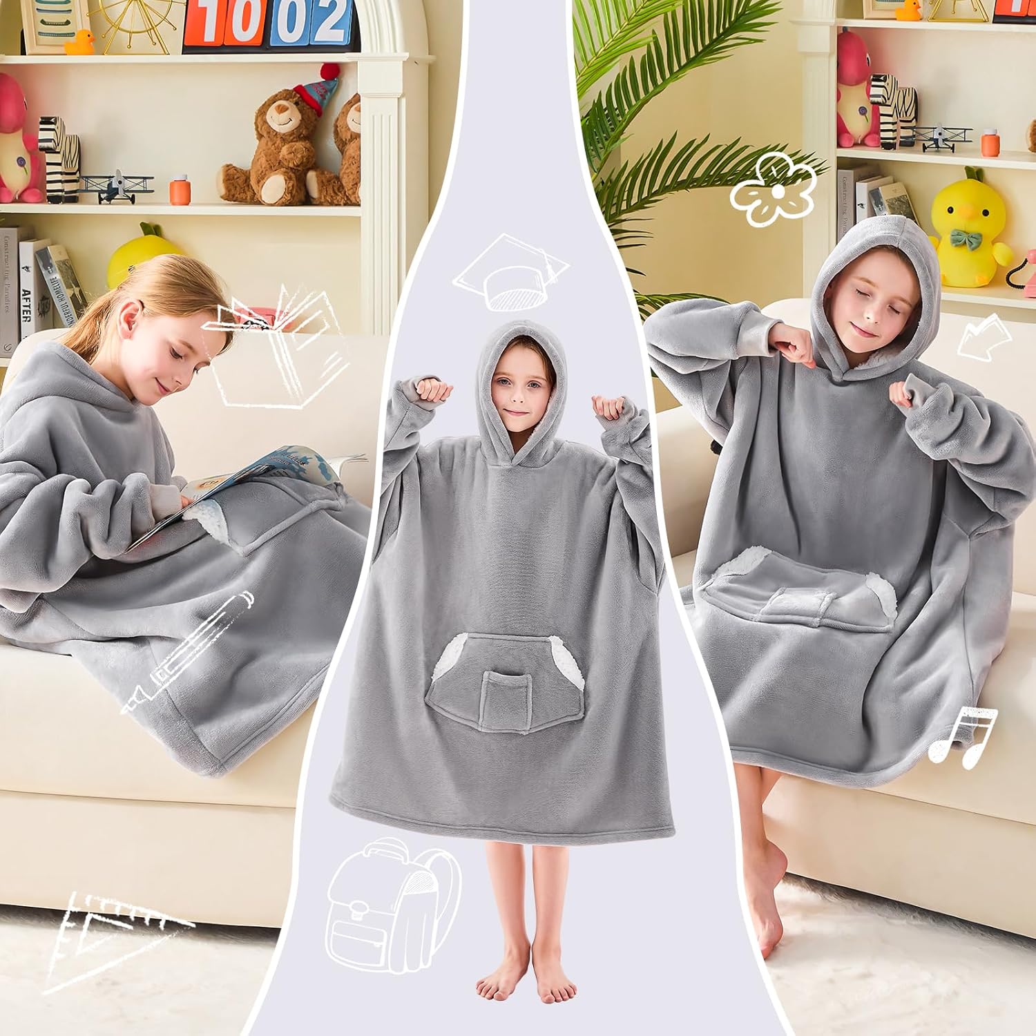 Wearable Blanket Hoodie for Kids, Blanket Hoodie For Kids With Hood And Pocket, Sherpa Oversized Cozy Sweatshirt Blankets As Gifts For Girls Boys (Grey) - Image 5