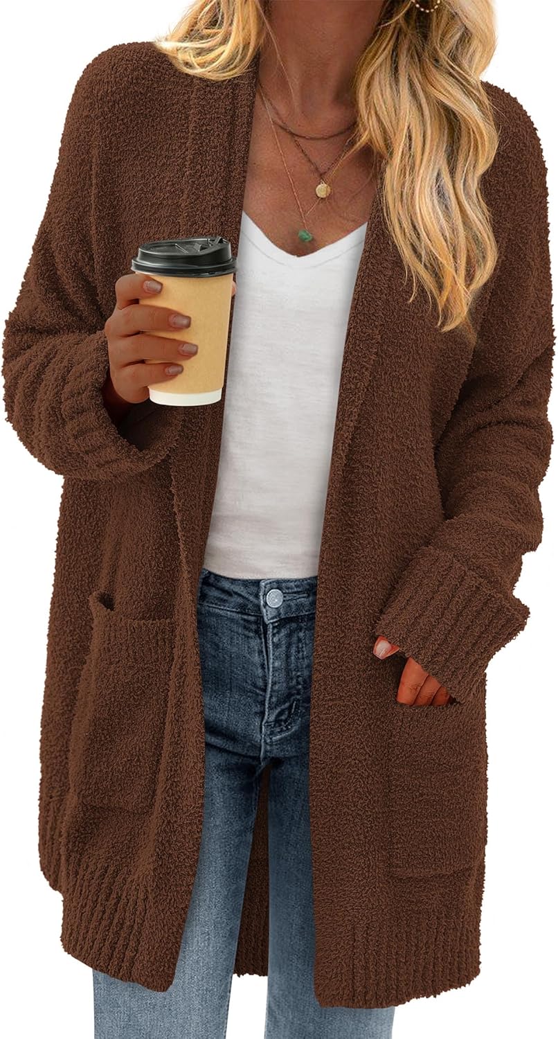 KIRUNDO Cardigan Sweaters for Women 2026 Fall Chunky Fuzzy Knit Open Front Loose Long Sleeve Sweater Coats Winter Clothing