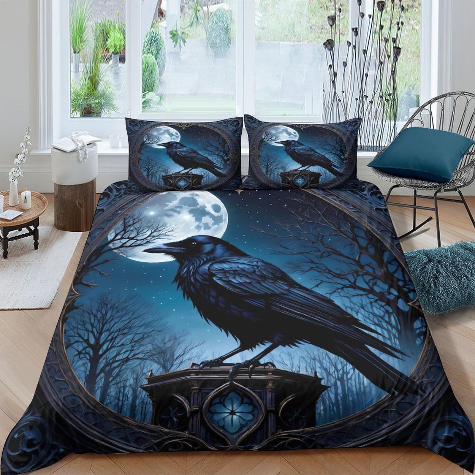 Ctjqhvkz Style-5 3D Printed Moon Raven Fitted Sheet Microfiber Soft Breathable Night Forest Bed Cover For Bedroom Dorm Decor Single（135X200cm）