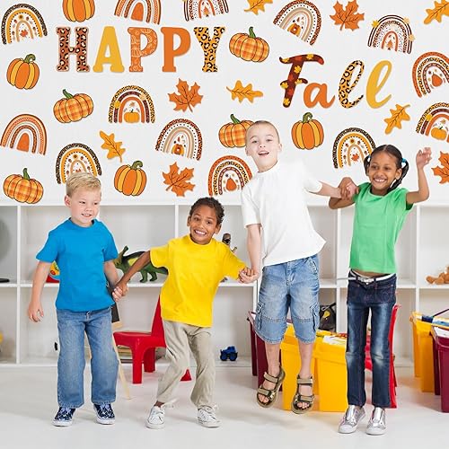 Miniatura 5 de 52 recortes bohemios de otoño con diseño de hojas de arce y calabaza, arco iris, con punta de pegamento, estampado de leopardo retro de otoño, papel