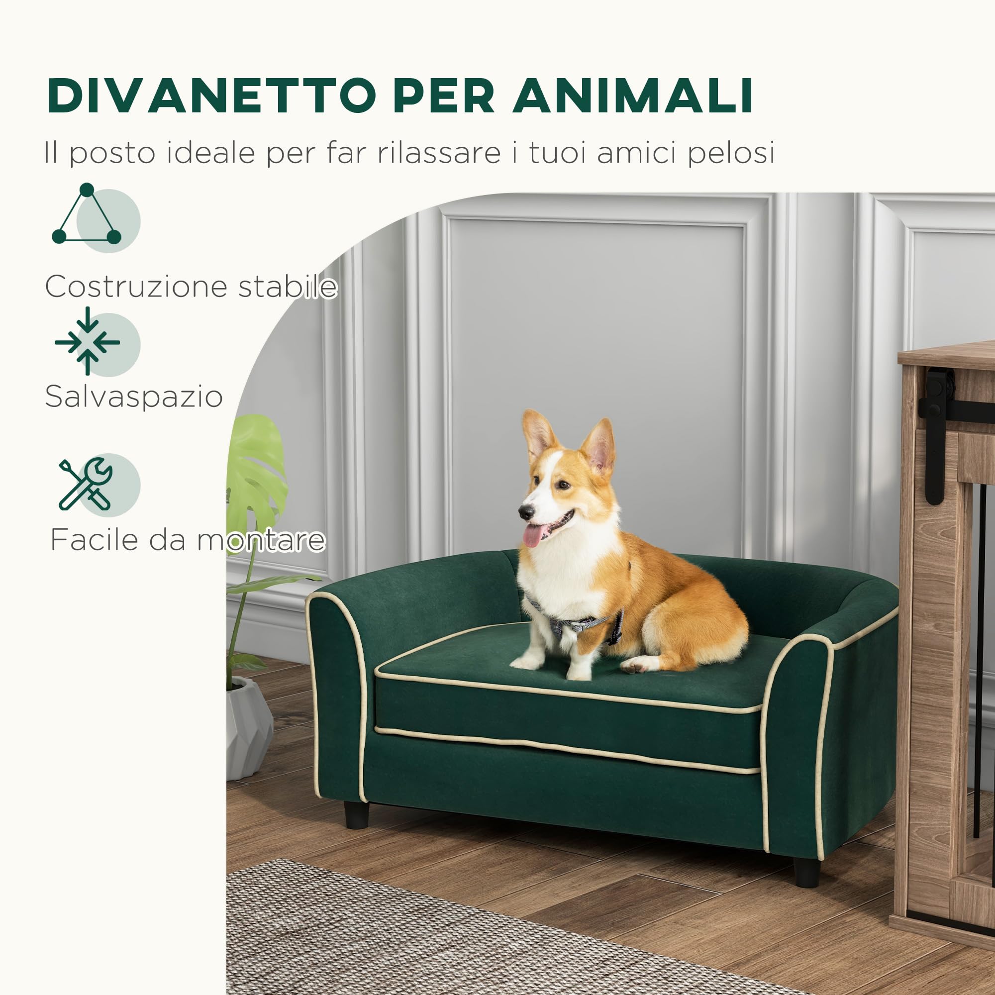 PawHut Divano per Cani Taglia Piccola e Media Elegante con Cuscino, Divanetto per Cani in Tessuto Effetto Velluto e Legno, 79x56x35 cm, Verde Scuro