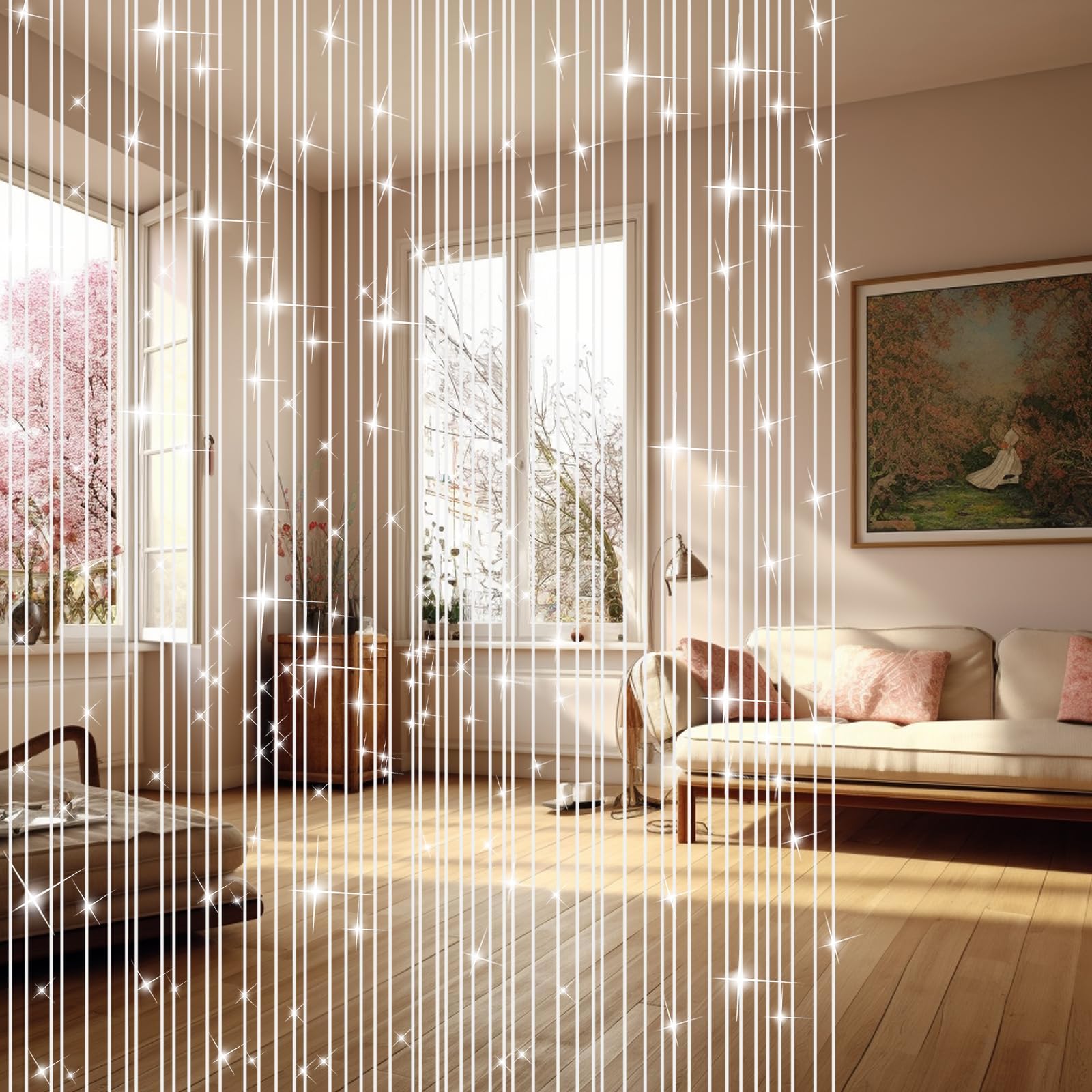 Rideau Chaîne Perles 100x200cm - Décoration Porte Ou Fenêtre - Effet Scintillant Coloré