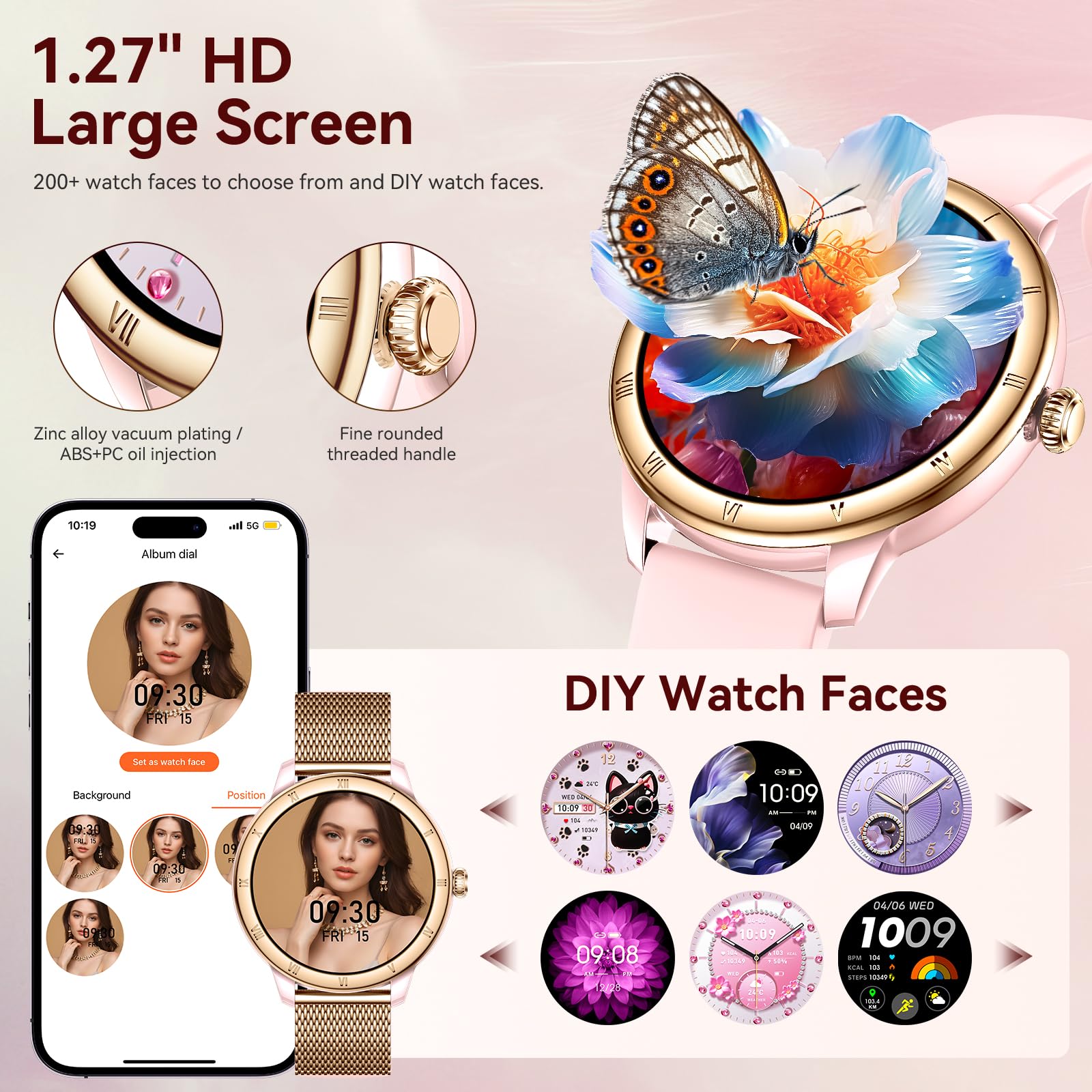 Smart Watch da donna, schermo HD, fitness tracker, impermeabile fino a 5 atm, con Bluetooth, per effettuare e rispondere alle chiamate, tracker di attività con cardiofrequenzimetro/sonno/femmina