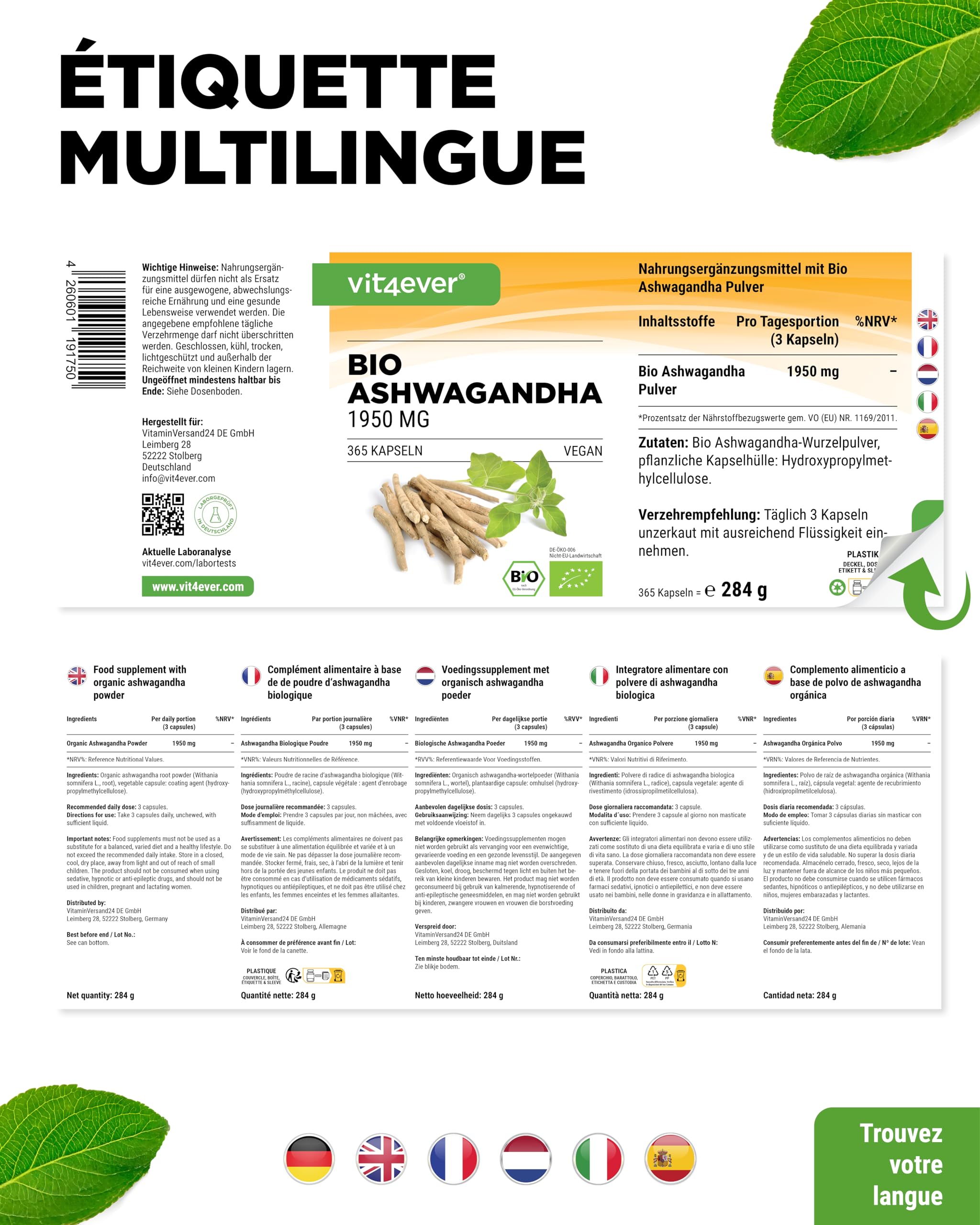 vit4ever Original Bio Ashwagandha - 365 gélules - Hautement dosé avec 1950mg par portion journalière - Véritable baie du sommeil indienne - Testé en laboratoire - Vegan