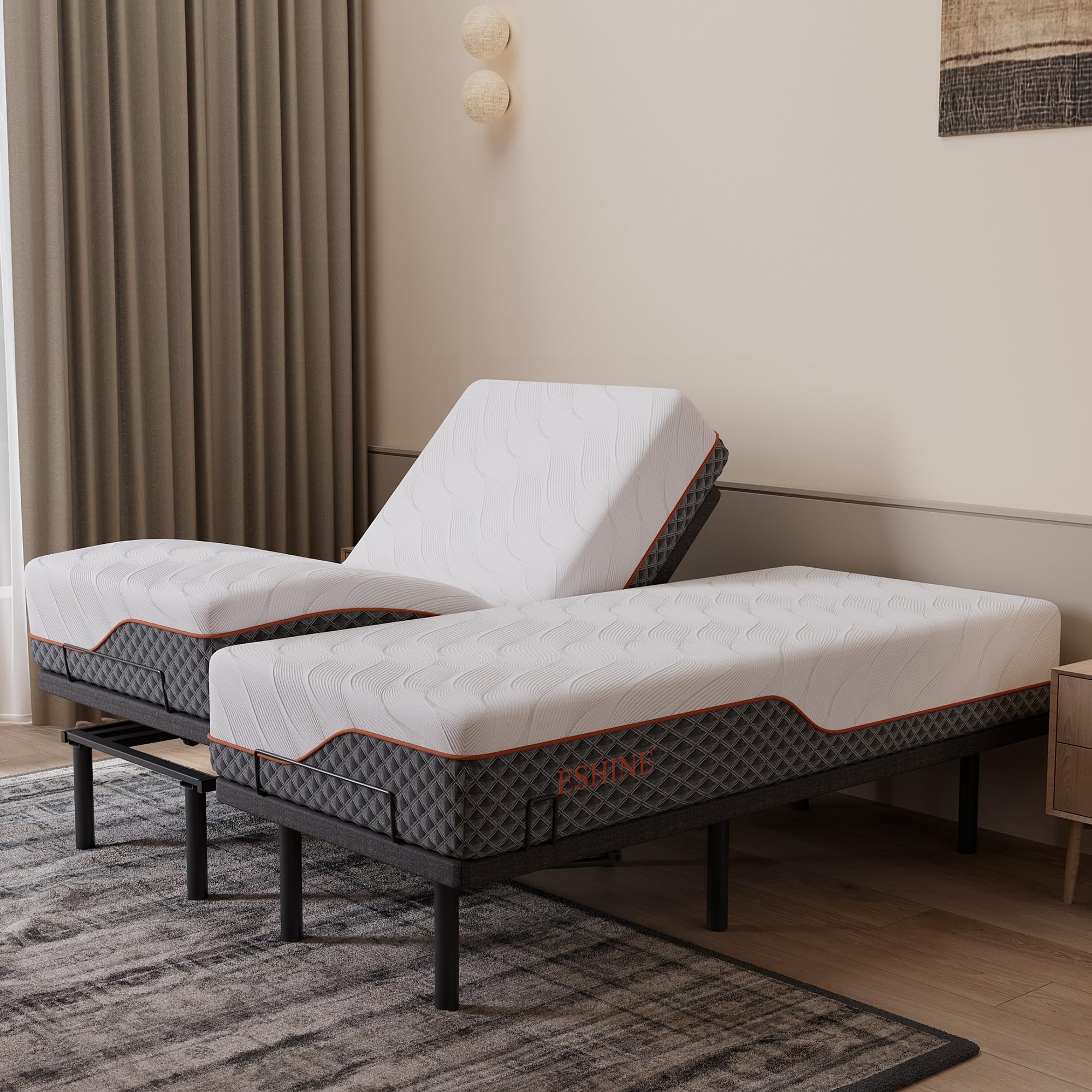 ESHINE Adjustable Bed Frame + 12" Hybrid Mattress Split King(Medium) - Luxury Gel Memory Foam, Upholstered Bed Frames with Massage, USB, Under Bed Night Light, Head and Foot Incline, Split King