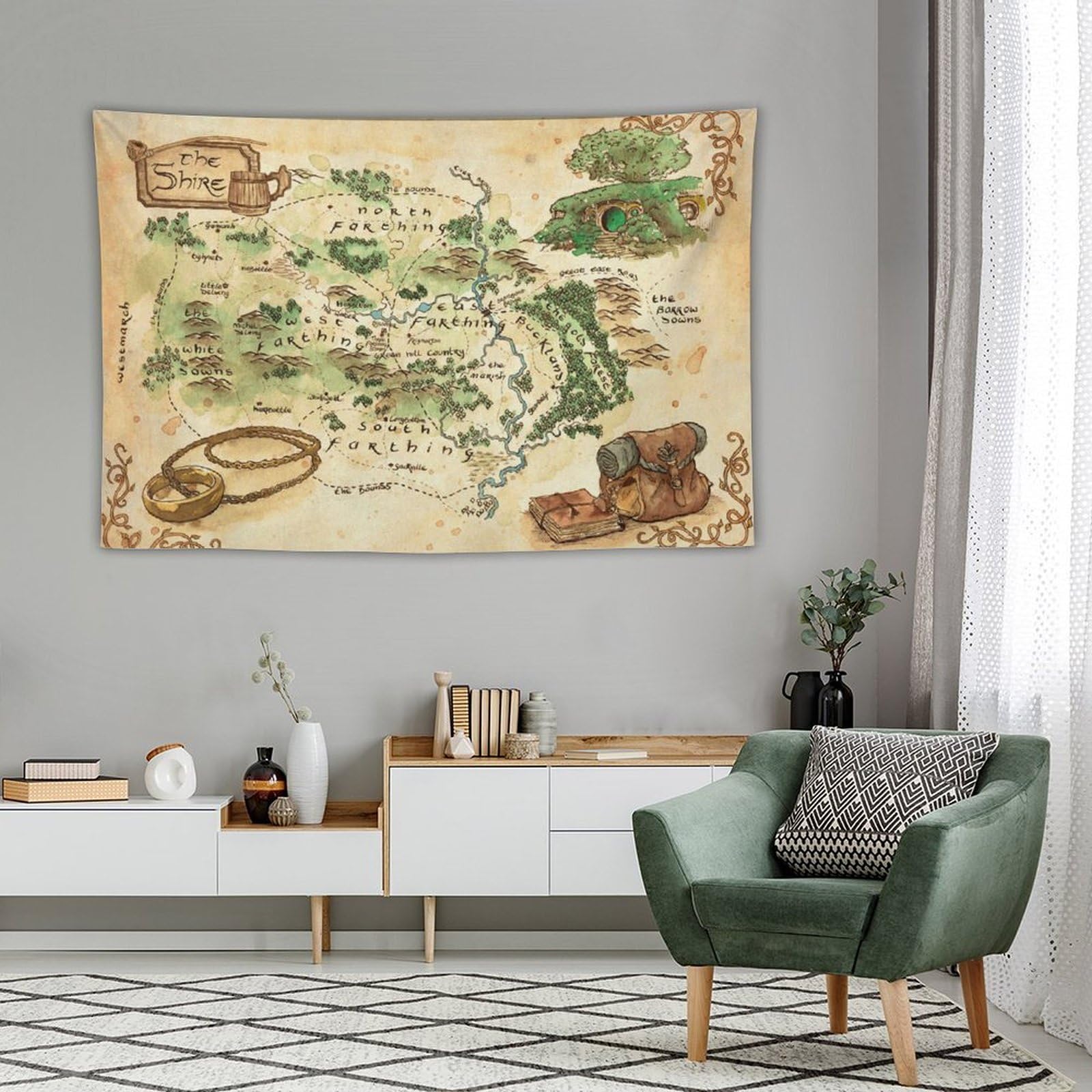 Tapisserie murale à suspendre - Carte de la Terre du Milieu du Seigneur des Anneaux - Idée cadeau - 152,4 x 228,6 cm