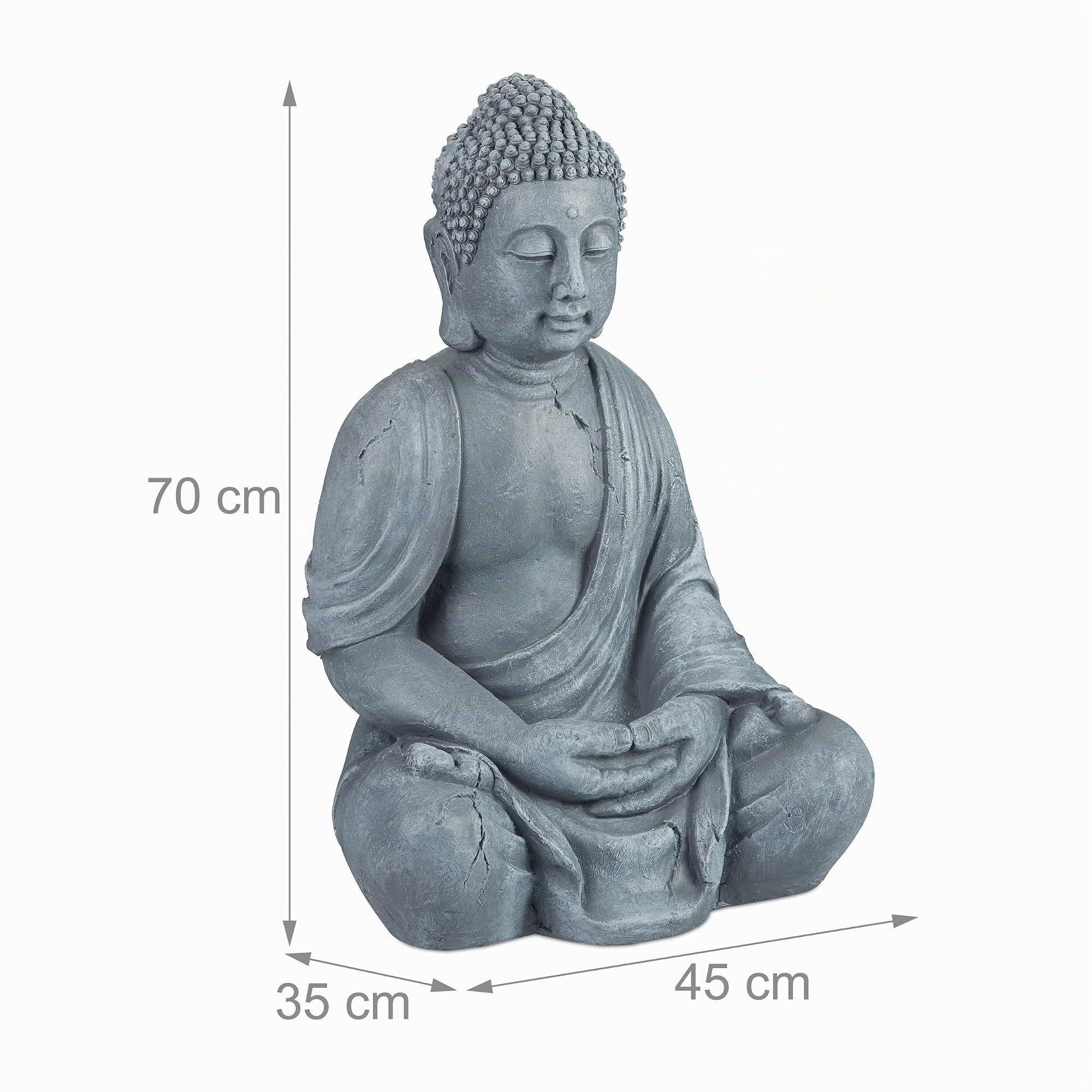 Relaxdays Statua del Buddha Seduto XL 70cm, per Giardino, Soggiorno, in Ceramica, Impermeabile Anti-Gelo Grigio Chiaro