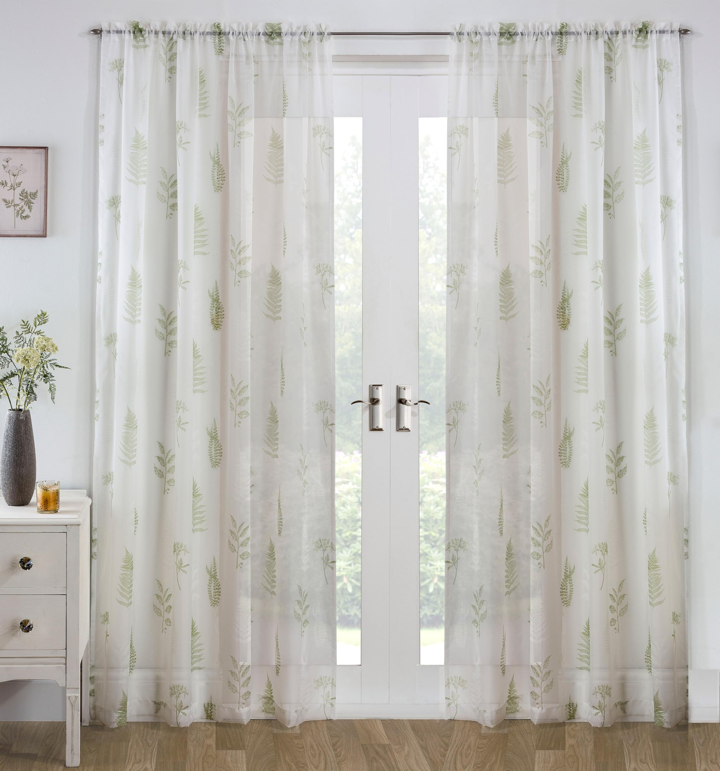 Tyrone Textiles  Green Bracken All Over Leaf Voile Panel - Pair in Size 145x122cm, Sports Direct