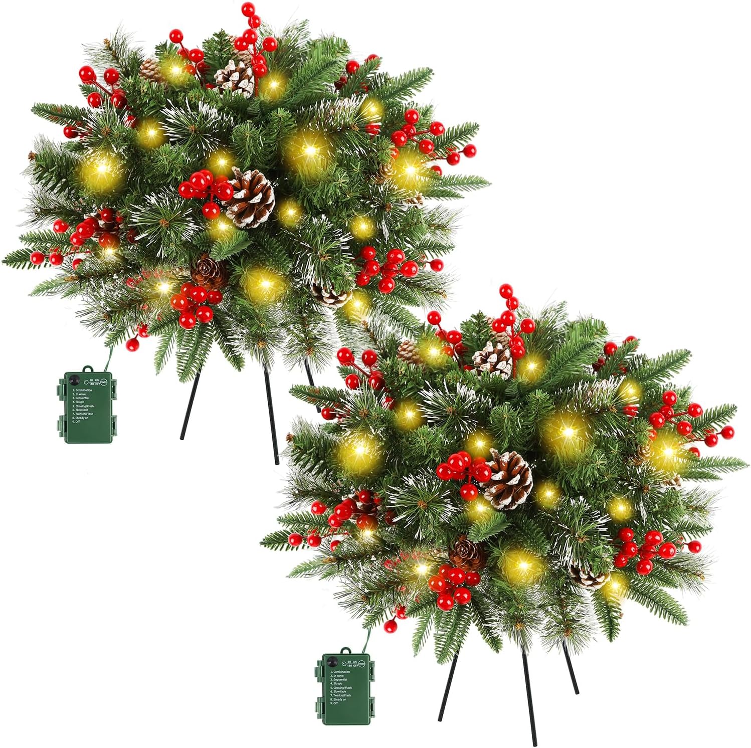 ( similar) Juegoal 2 Pack Pre-lit Christmas Tree Urn Filler, Lighted Artificial Xmas Pine Trees with Tripod Stake, 8 Modes & Timer, Battery Powered Outdoor Light Up Planter Filler Festival Holiday Decor
