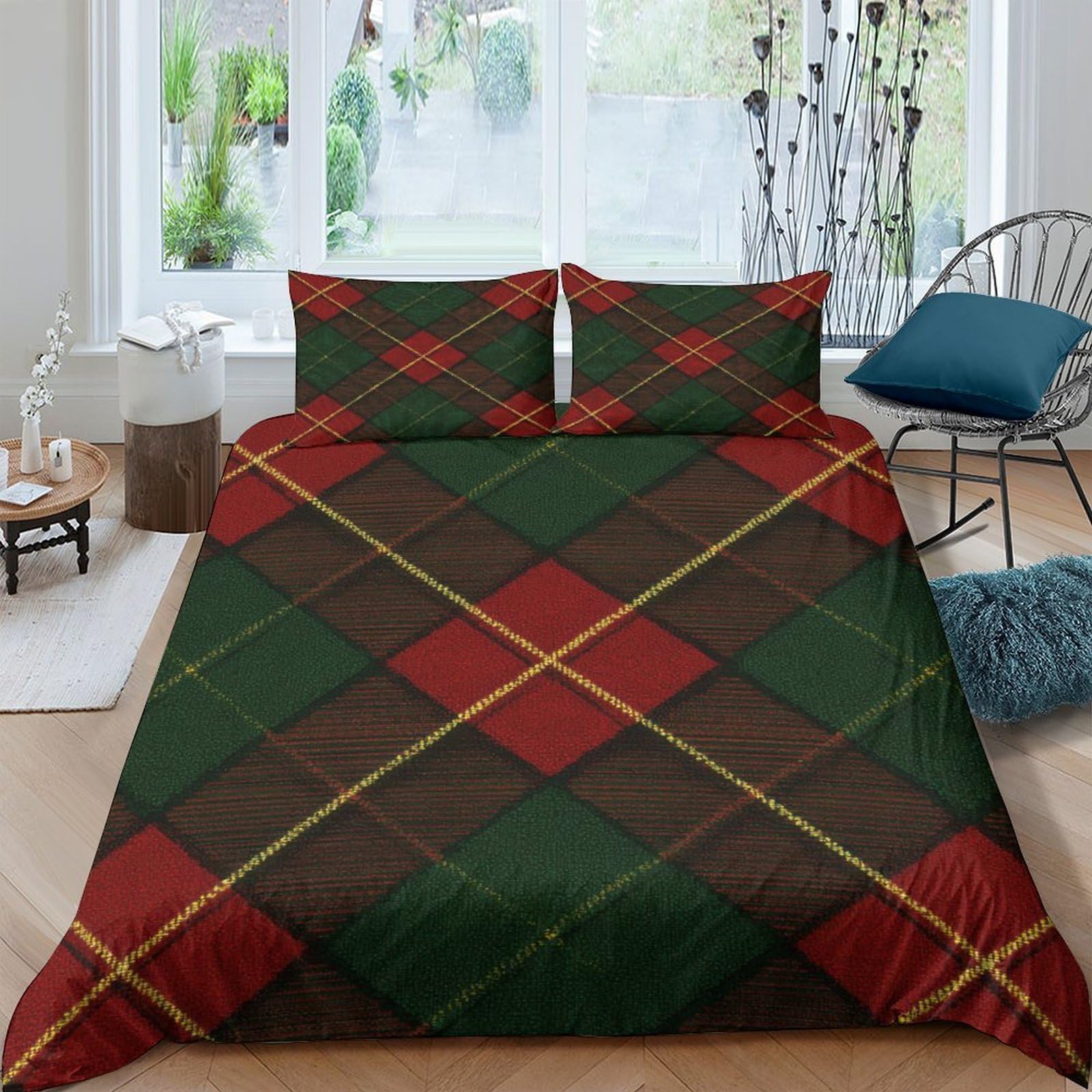 TUFRTGYHN 3D Printed Tartan Plaid Duvet Cover Microfiber Soft Breathable Argyle Bedding Set with 2 Pillowcases for Bedroom Home Decor Single（135x200cm）