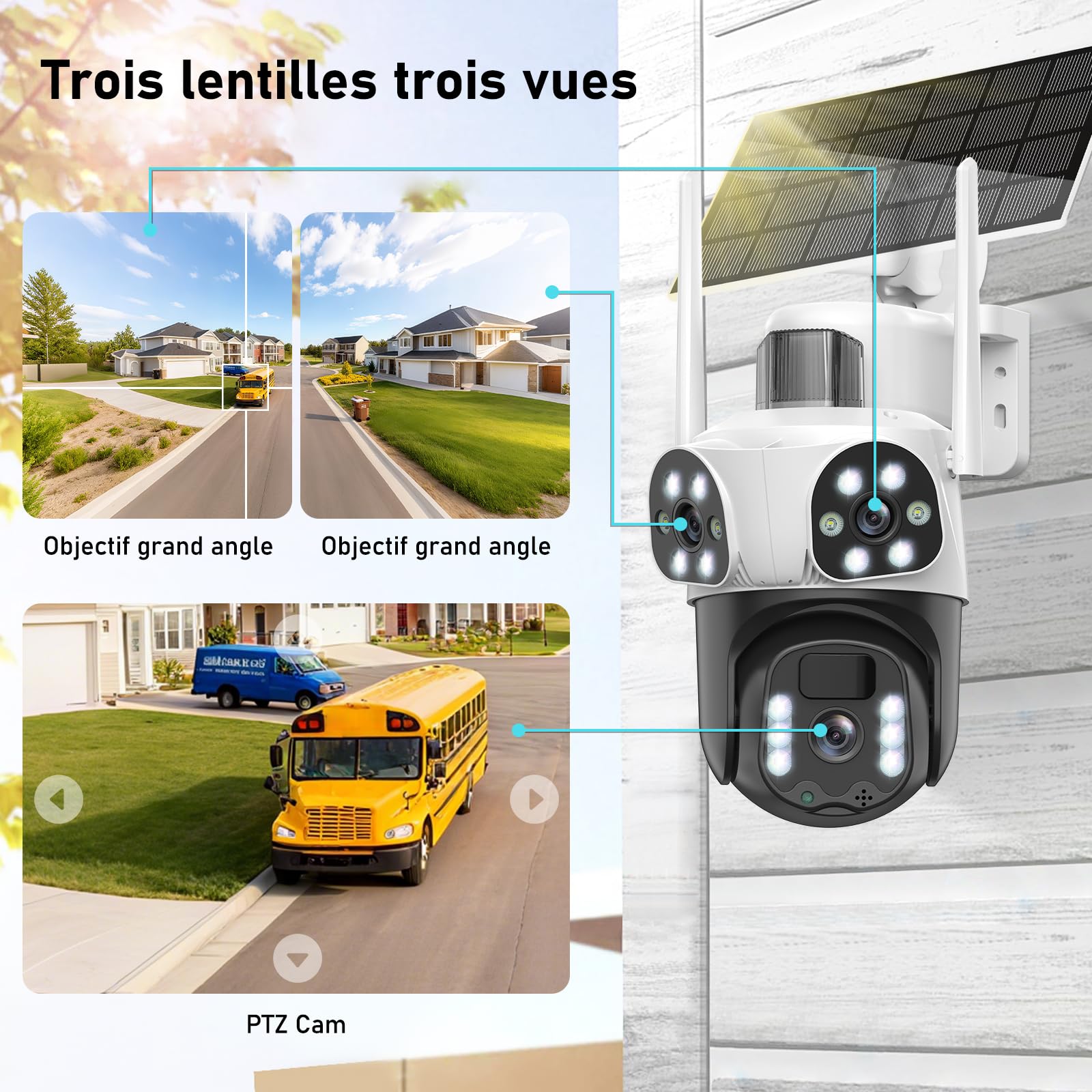 4K Camera Surveillance WiFi Exterieure sans Fil,à triple objectif/Camera Solaire/Batterie,Suivi Automatique,360° PTZ Sécurité à Domicile,Vision Vocturne,Audio Bidirectionnel,PIR Sirène,étanche,8MP HD