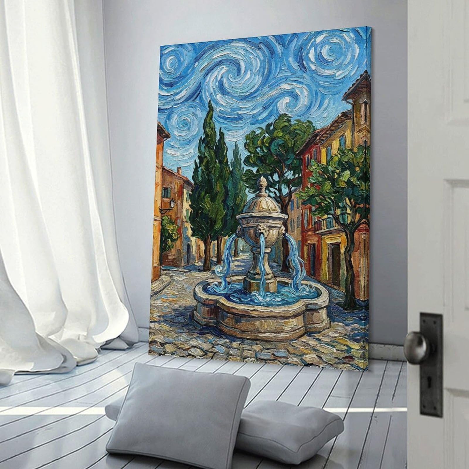 Junmoney European Town Square with Fountain Painting Wall Art Print, 24x36inch(60x90cm), for Study, Office Or Focused Interiors, Home Office Artwork with Decorative Appeal