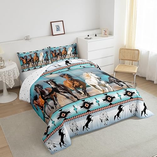Miniatura 4 de Erosebridal Juego de Edredón de Caballos Verde Azulado Suroeste Nativo Azteca Juego de Ropa de Cama, Granja Vida Silvestre Relleno de Edredón Indio