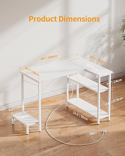 Miniatura 3 de CubiCubi Escritorio pequeño para computadora con tomas de corriente, escritorio en forma de L de 40 pulgadas con soporte para CPU y estantes