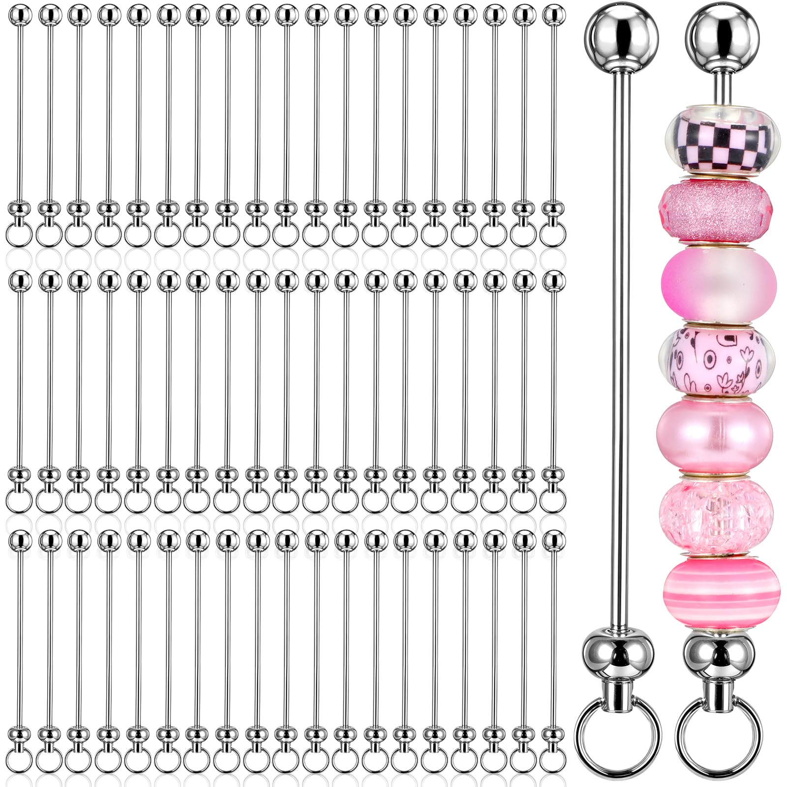 60 pcs Blank Beaded Keychains Bars DIY Keychain Accessories Metal Beaded Keychain Detachable Key Chain for Pendant DIY Crafts Jewelry Making Gift