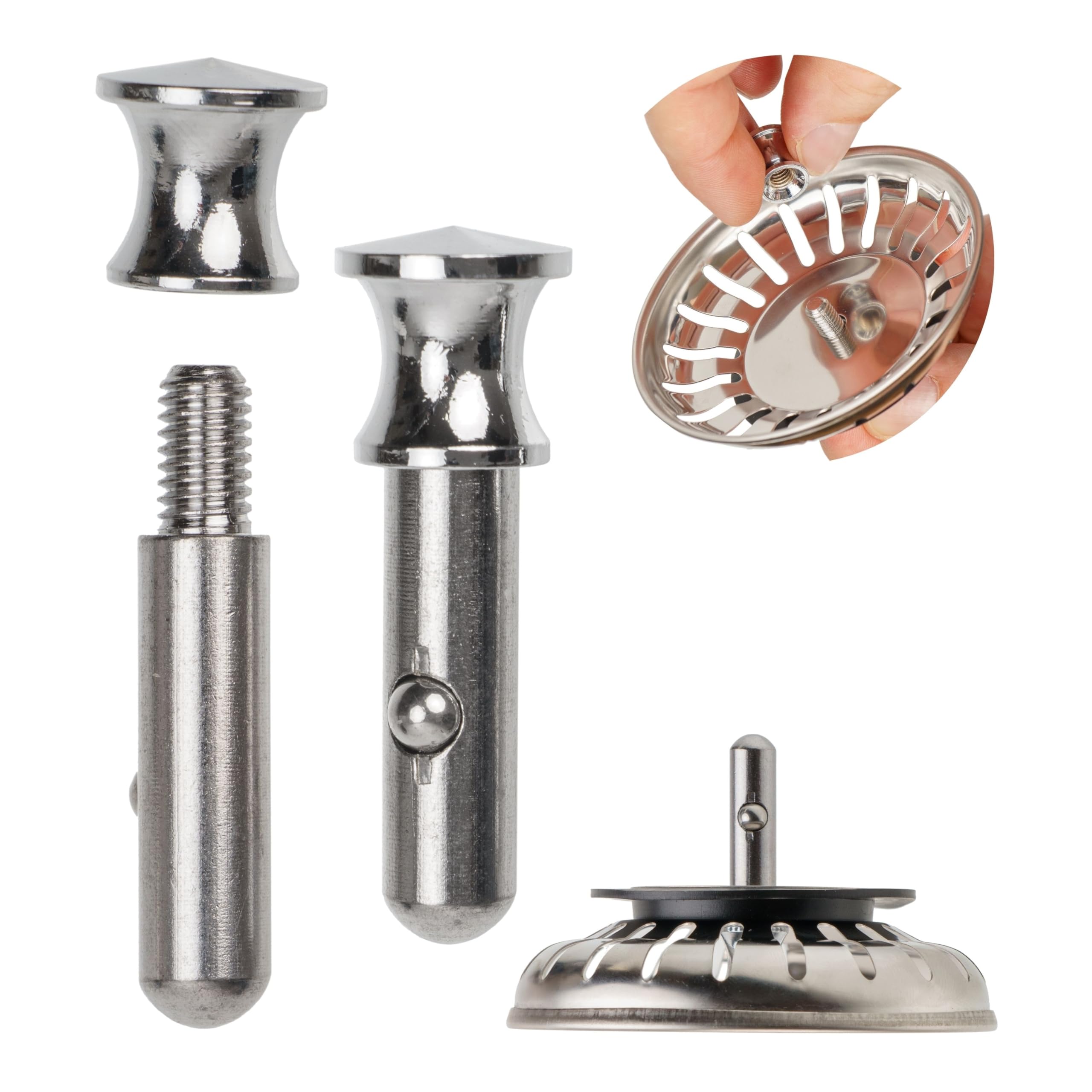 Strainer basket replacement spigot, 1 piece, 25 mm long spigot with ball, protrudes 20 mm deep into the drain, Ø 7.8 mm pin, made of stainless steel