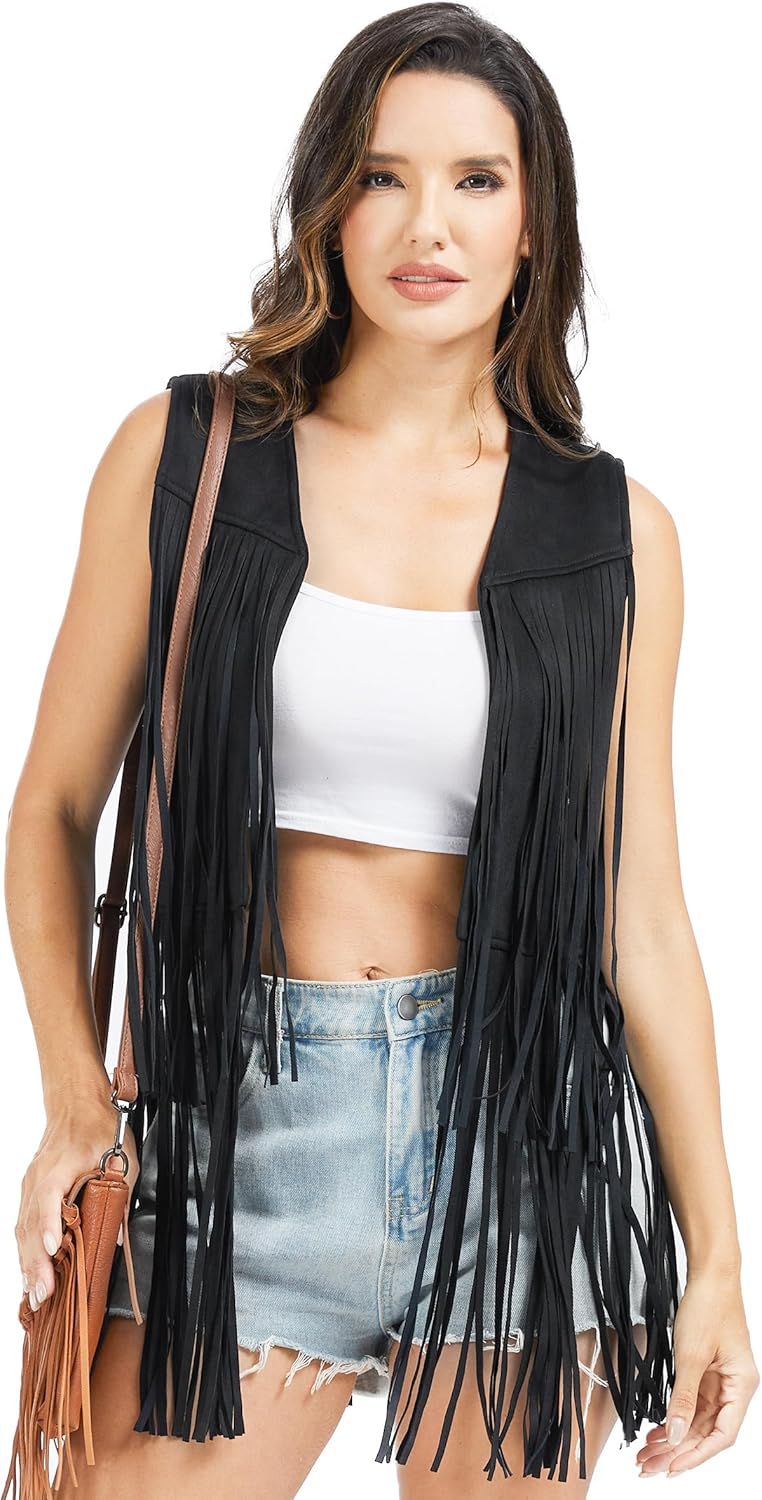 Fahsyee Fringe Vest Women Western Outfits 70s Hippie Cowgirl Sleeveless Top Faux Suede Tassel S-XXL - Image 2