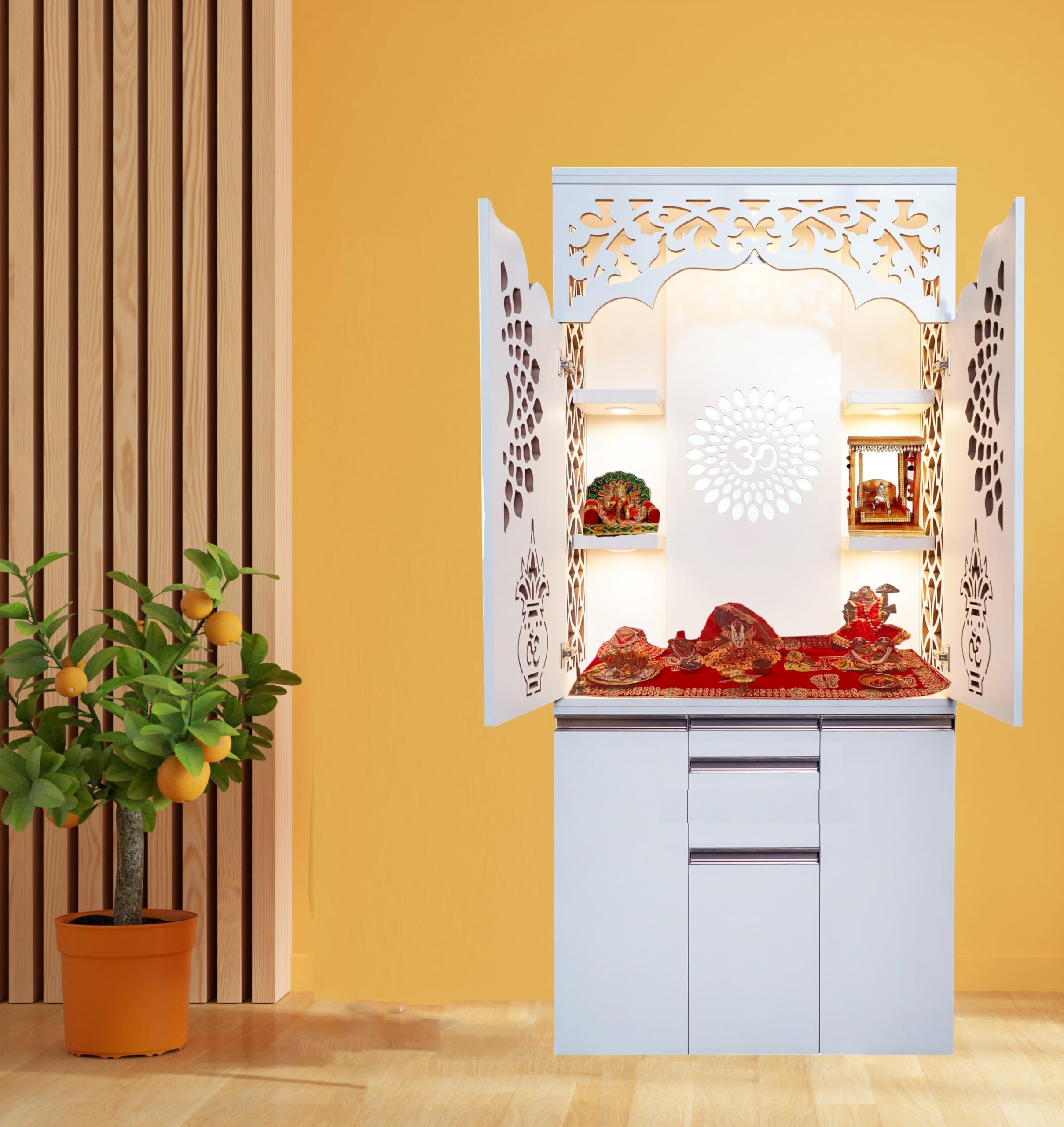 Alpine Willow Premium 3X7 Ft Temple for Home with Door | Puja Mandir for Home Big Size | Pooja mandir with Door Big Size | Mandir with Doors for Office | Large Devghar with LED Lights Puja Stand