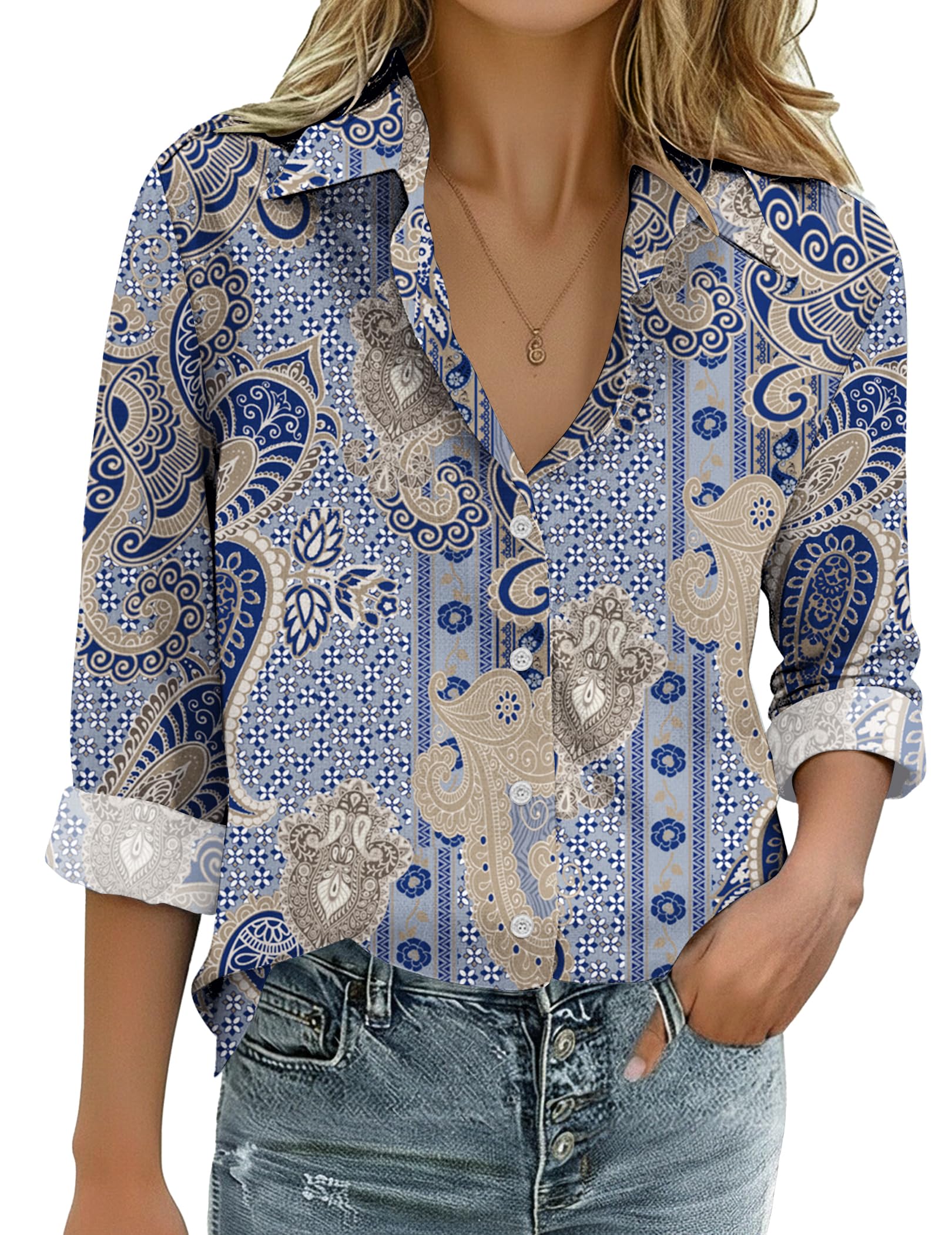 Zeagoo Womens Cotton Linen Button Down Shirts Loose Fit Long Sleeve Collared Blouse Casual V Neck Tops Outfits S-3XL — view 5