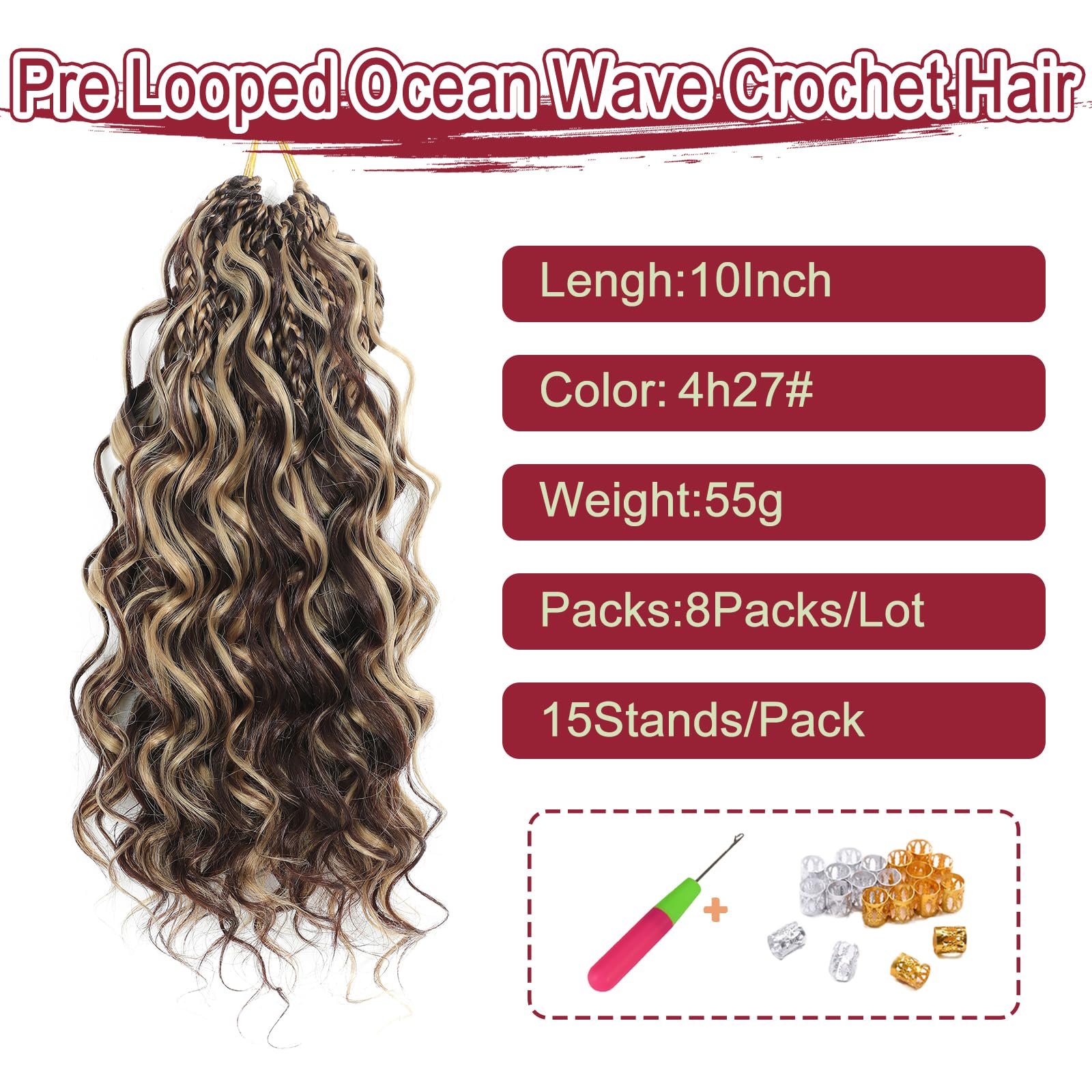MLETUILPS Pre Looped Ocean Wave Crochet Hair 8 Packs Boho Curly Crochet Hair Short Ocean Braids Pre Twisted Synthetic Deep Wavy Crochet Braids for Women (4H27# - Image 3