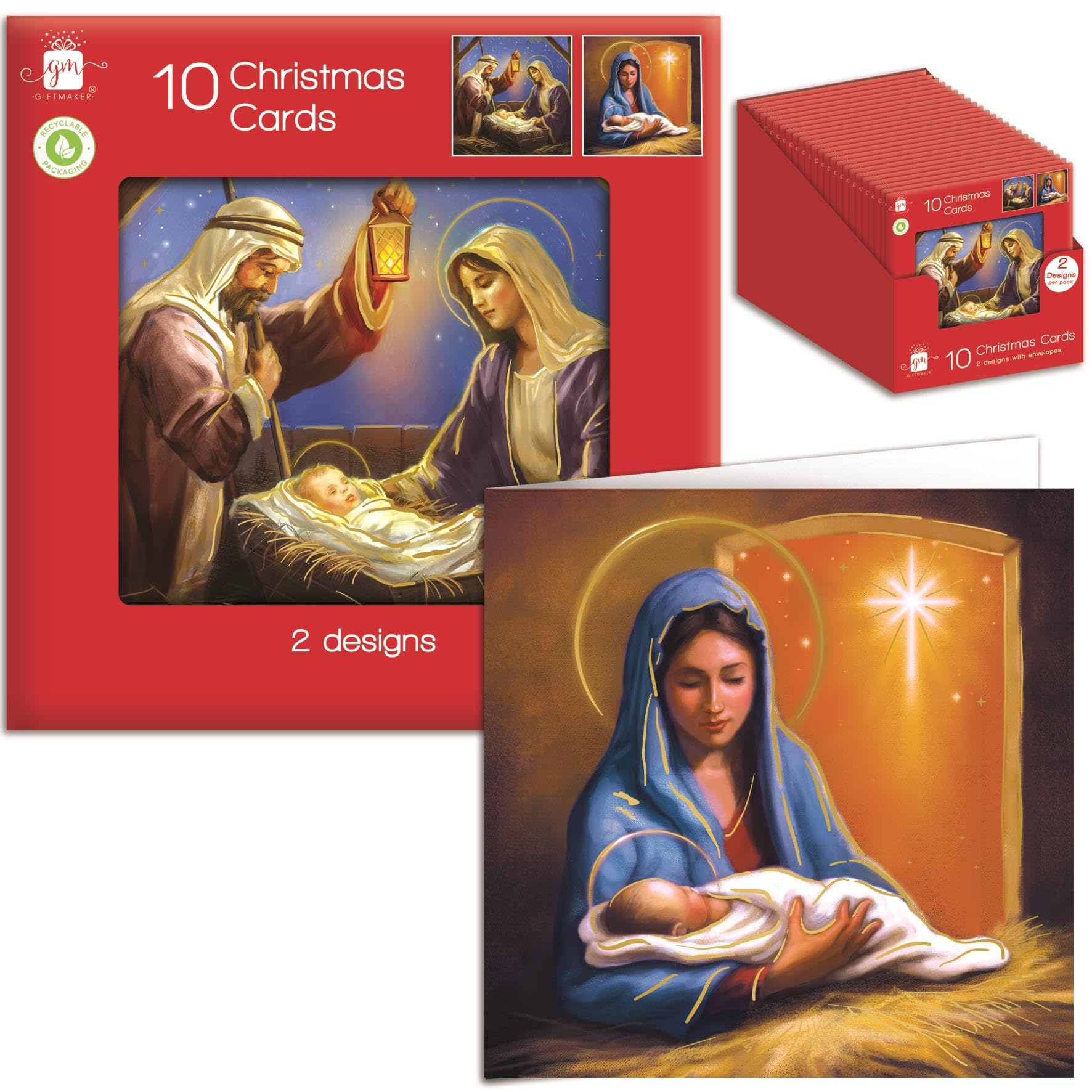 Tom Smith Giftmaker Pack 10 Square Christmas Cards 2 Festive Classic Nativity Designs 14cm
