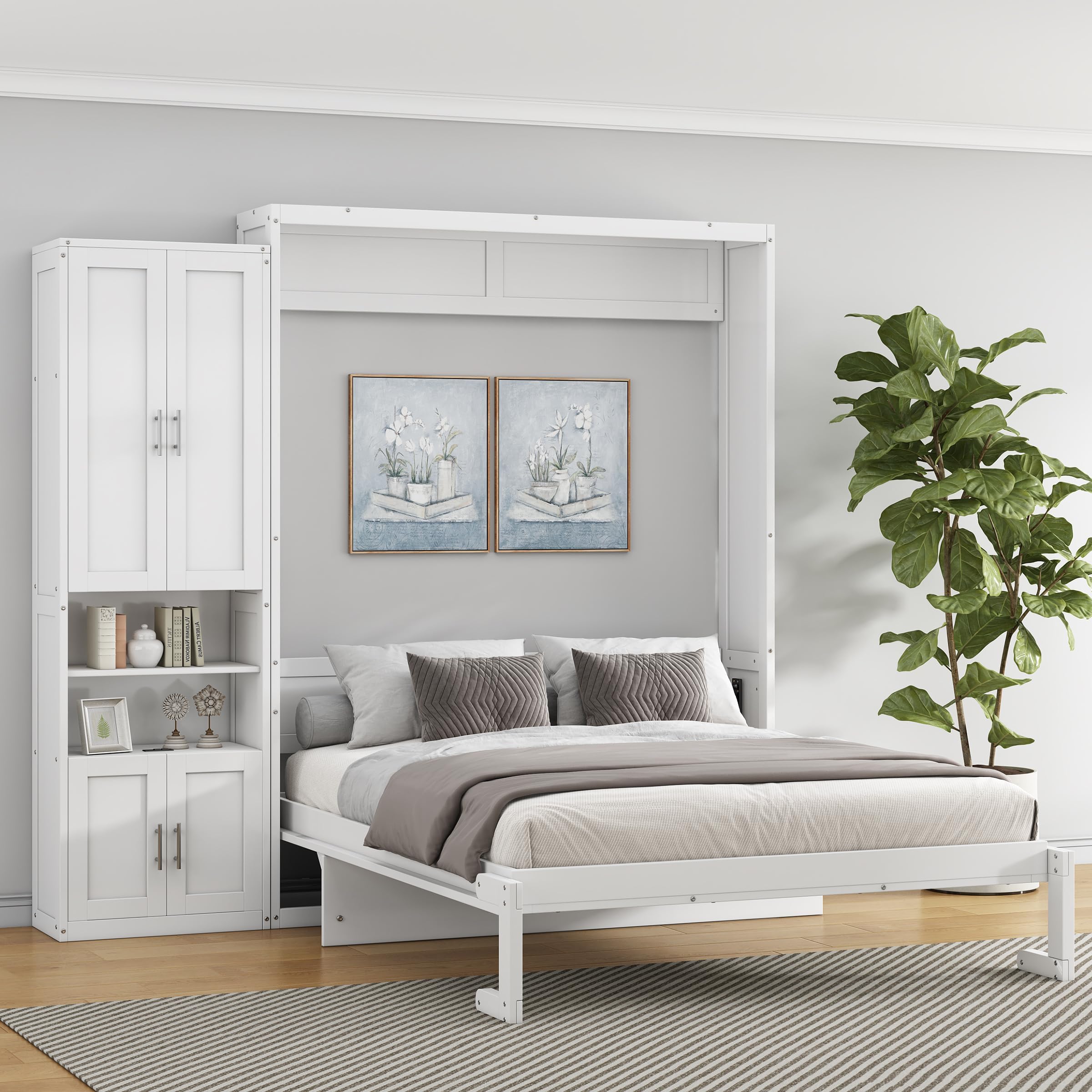 SOFTSEA Full Size Murphy Bed with 1 Side Cabinet, 61.5-inch Cabinet Bed Folding Wall Bed with Desk Combo Perfect for Guest Room Study Office, White, 75450