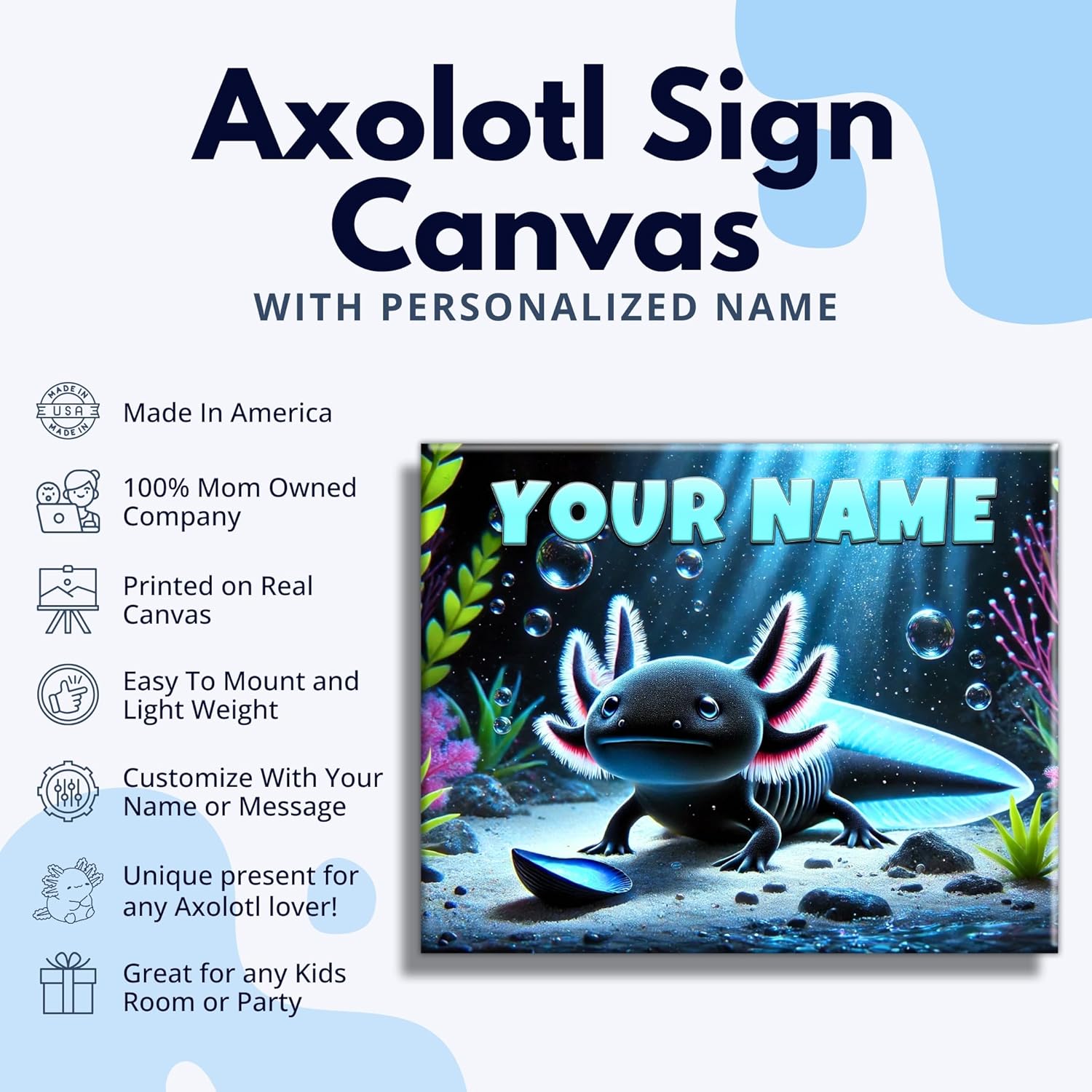 Custom Axolotl Name Sign – Black Salamander Wall Art for Boys & Girls – Personalized Axolotl Decor for Kids’ Room – Cute Amphibian or Reptile Canvas Print – 20x16" or 14x11" USA Made (14x11 inch)