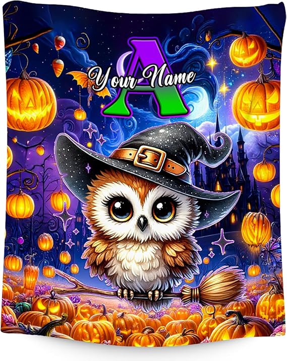 Halloween Blanket, Personalized Kids Blanket with Name, Cute Owl Throw, Custom Gifts for Girls, Soft Fleece Throw for Halloween Decoration (4 Sizes Choose)