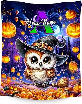 Halloween Blanket, Personalized Kids Blanket with Name, Cute Owl Throw, Custom Gifts for Girls, Soft Fleece Throw for Halloween Decoration (4 Sizes Choose)