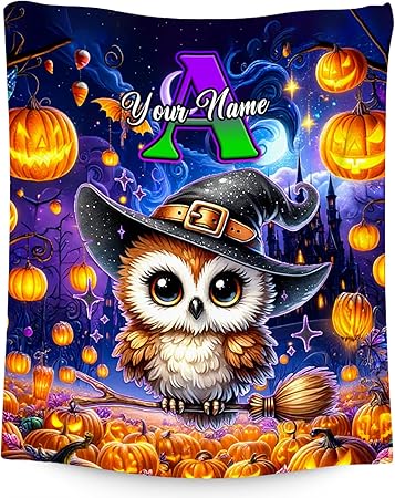 Halloween Blanket, Personalized Kids Blanket with Name, Cute Owl Throw, Custom Gifts for Girls, Soft Fleece Throw for Halloween Decoration (4 Sizes Choose)