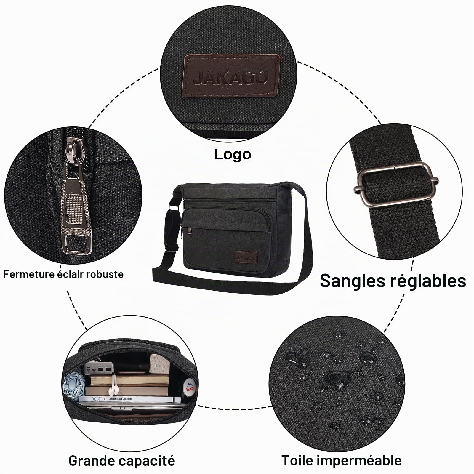 JAKAGO Sac à bandoulière en toile pour homme/femme avec plusieurs poches pour l'école voyages pêche camping travail au quotidien,15 inchs