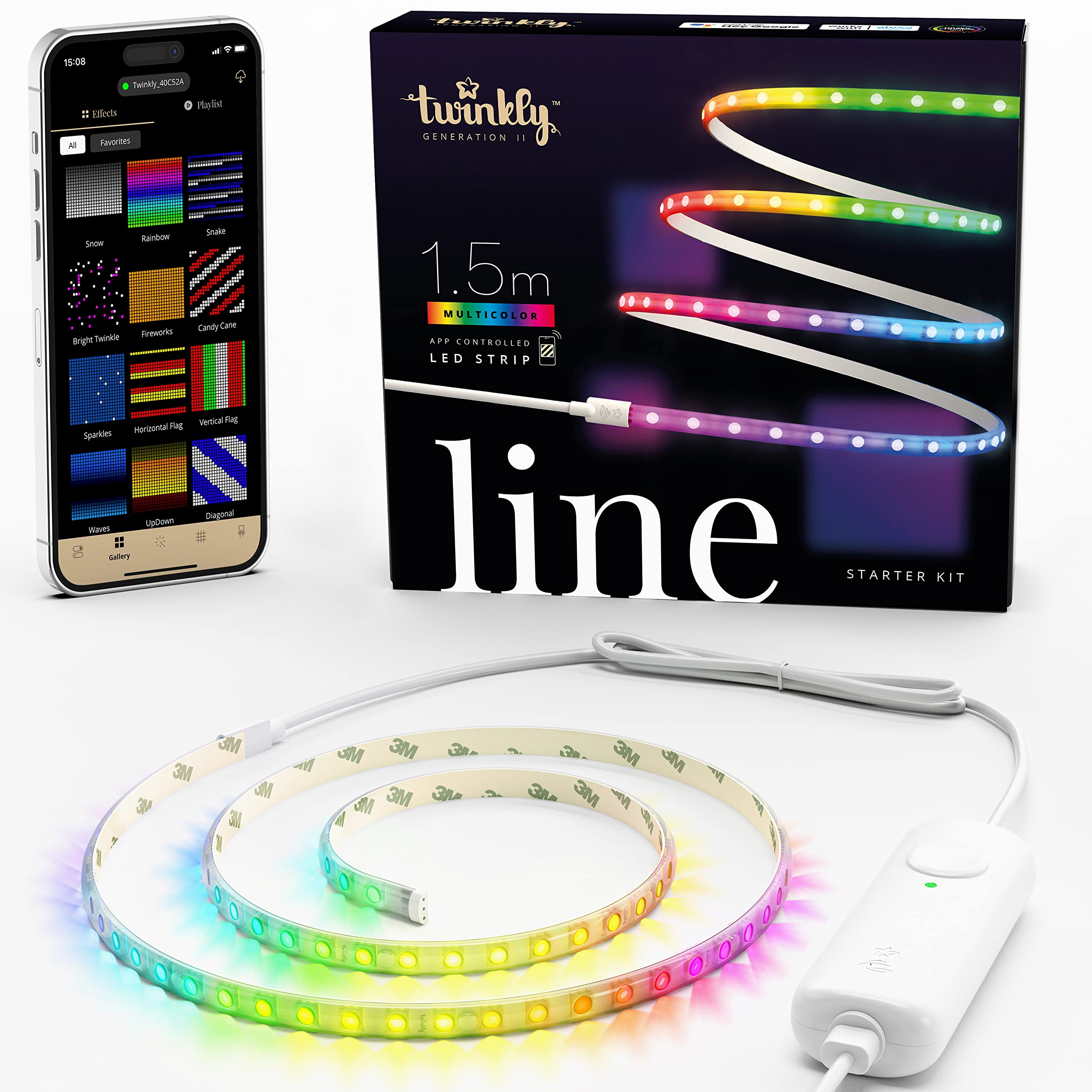 TwinklyLine – App-Controlled Adhesive + Magnetic LED Light Strip with RGB (16 Million Colors) LEDs. Starter Kit. Extendable. 1.5 Meters, White Wire. Indoor Smart Home Decoration Light.Starter KIT