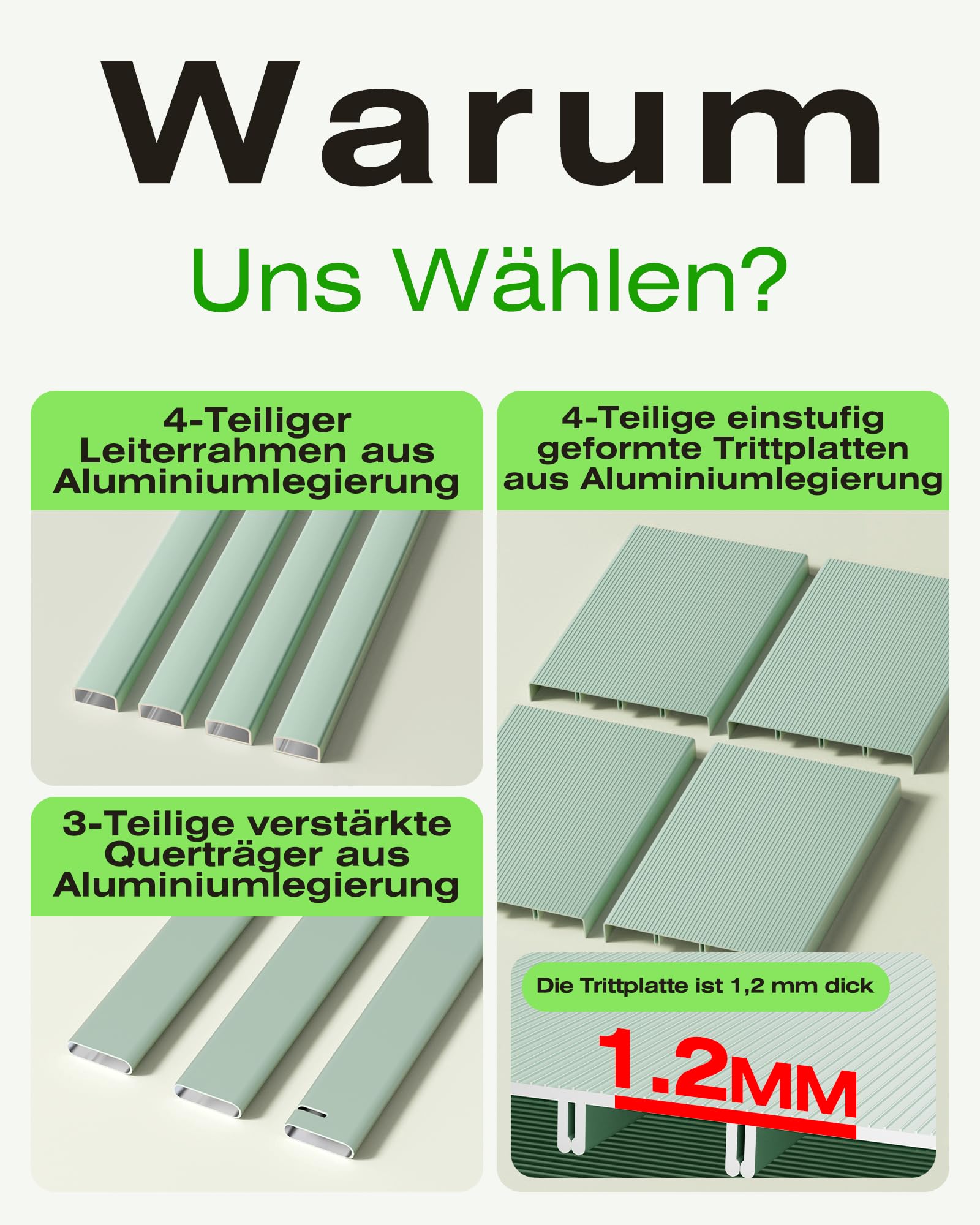 Escalera Plegable de 4 peldaños, Capacidad de 150 kg con Pedal Antideslizante, Taburete portátil de Aluminio, fácil de Guardar, Interior y Exterior, Aspecto estético, Color Verde Claro