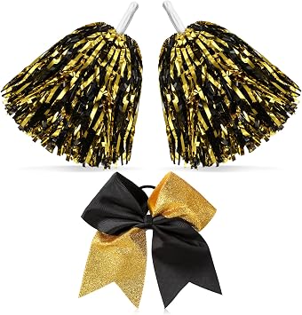 Hanaive 3 Pcs Cheerleading Pom Poms and Large Cheerleader Hair Bow Foil Pompoms Cheer for Team Cheering Squad Dance Rooters AccessoriesBlack and Gold,Metallic