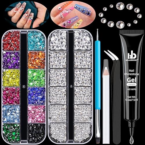 Diamantes de imitación para uñas, kit de manicura con gel de pegamento de diamantes de imitación, piedras preciosas transparentes de vidrio con