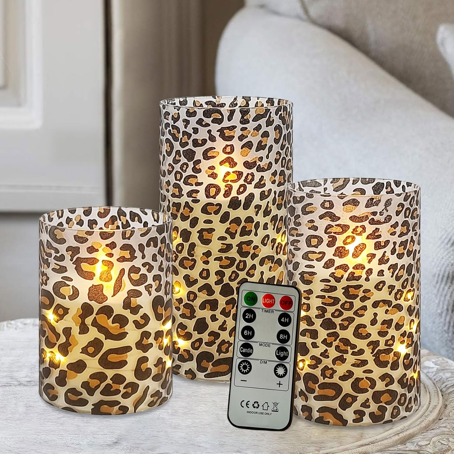 Flickering Flameless Candles, Recessed String Light LED Candles 3D Wick Acrylic Battery Operated LED Pillar Candles with Remote and Timer for Modern Simple Home Decor Set of 3(Leopard)
