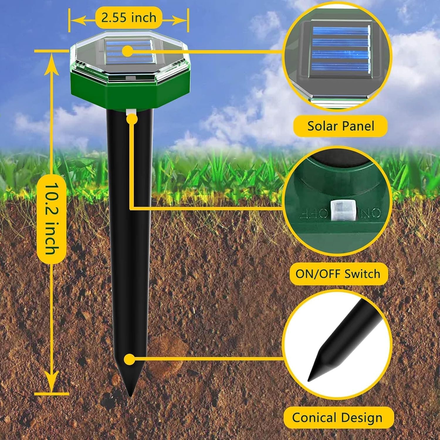 Estacas repelentes de topos ultrasónicas alimentadas por energía solar, 8 unidades, disuasorio impermeable para exteriores, para patio, jardín, control eficaz para topos, ratones y topos