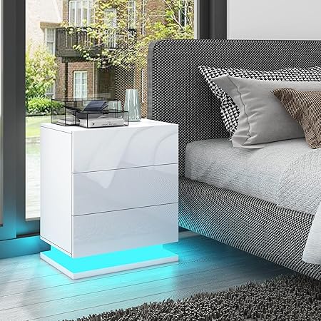 Undranded Modern Bedside Table Chest Of 3 Drawers High Gloss Rgb Led Lights Nightstand Unit Bedroom Furniture White Amazon Co Uk Home Kitchen